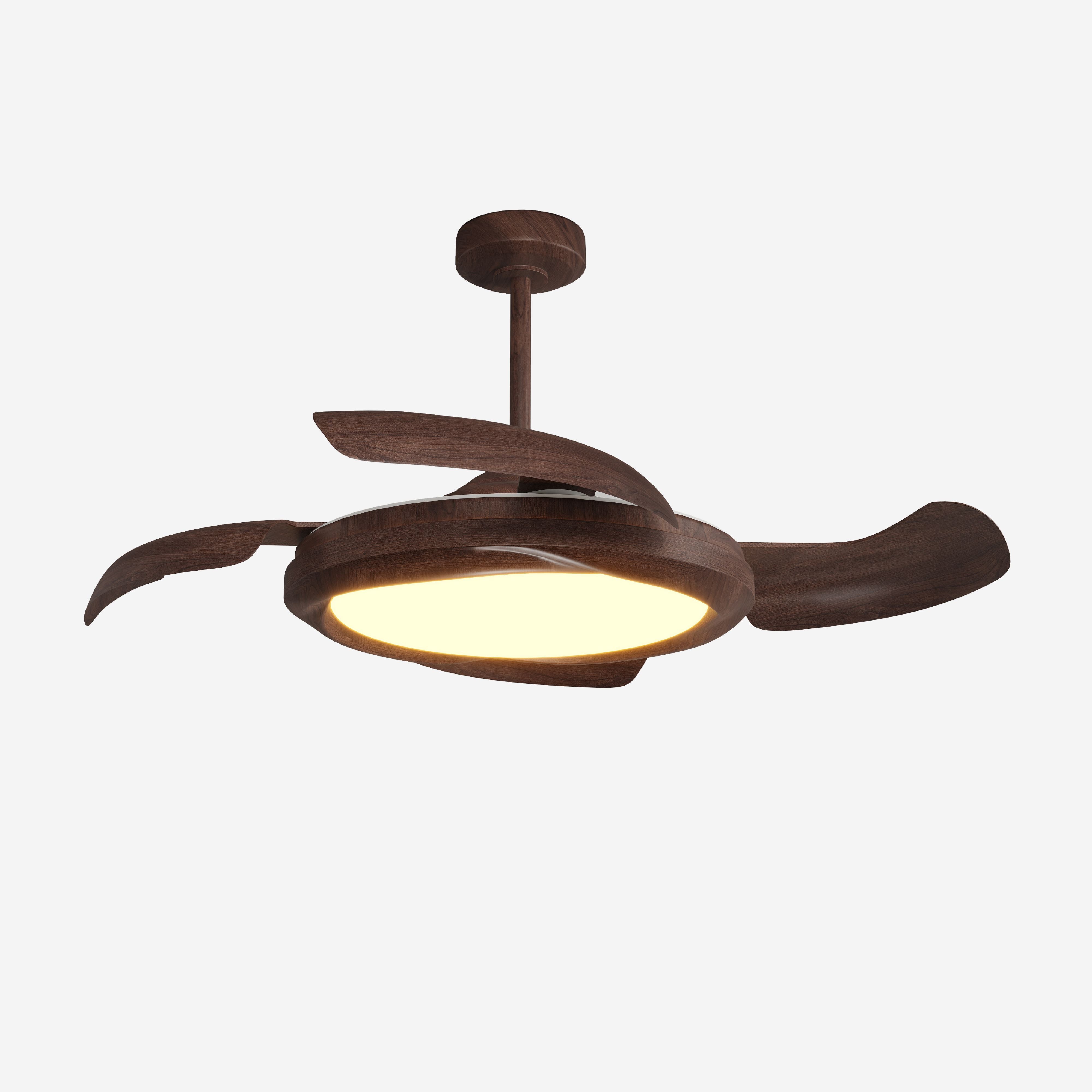 Walnut effect LED ceiling fan light with warm diffuser and retractable wood-grain blades