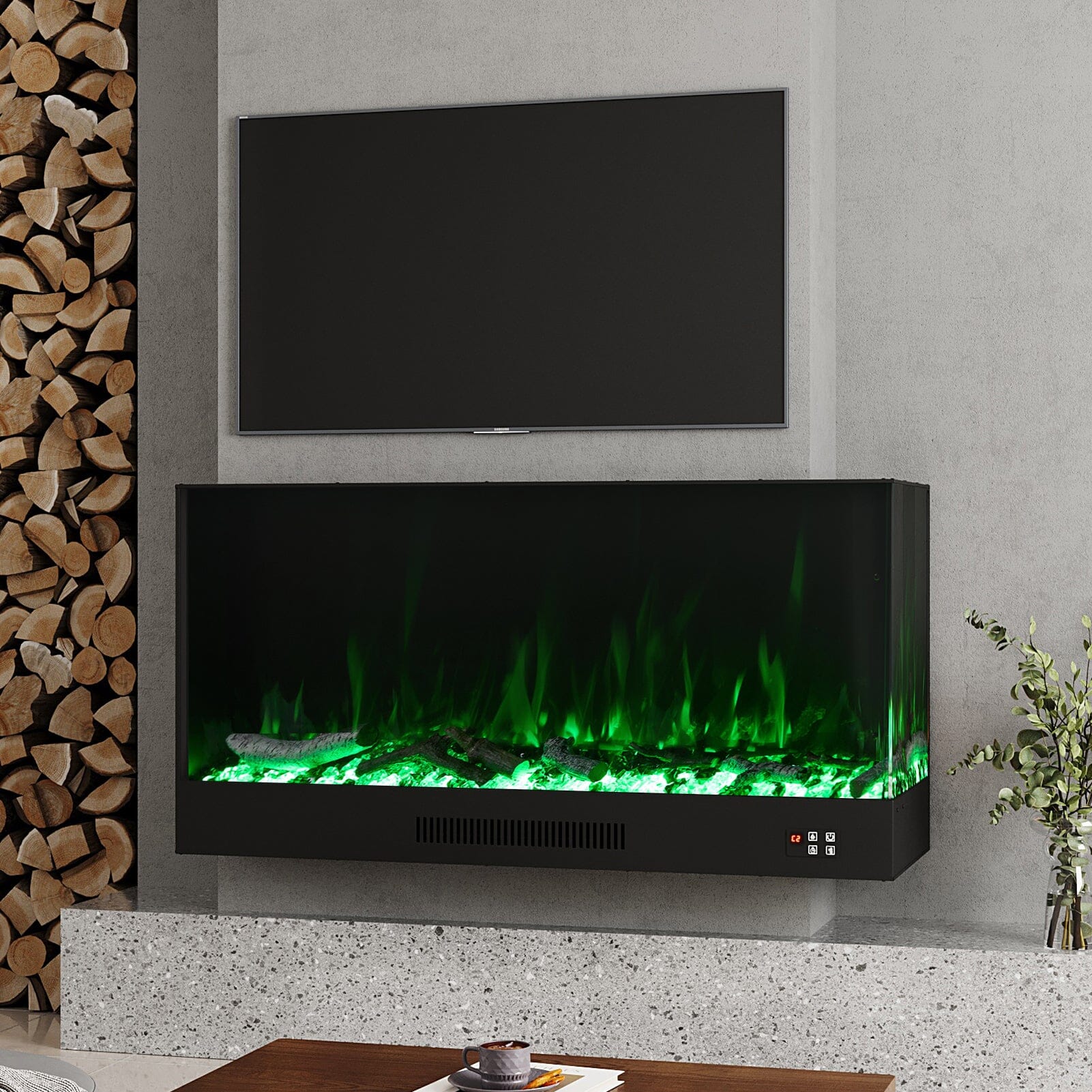 46/60inch L-Shaped Electric Fireplace – WiFi Control, LED Display, Resin Logs & Crystal Stones with Heating Living and Home 