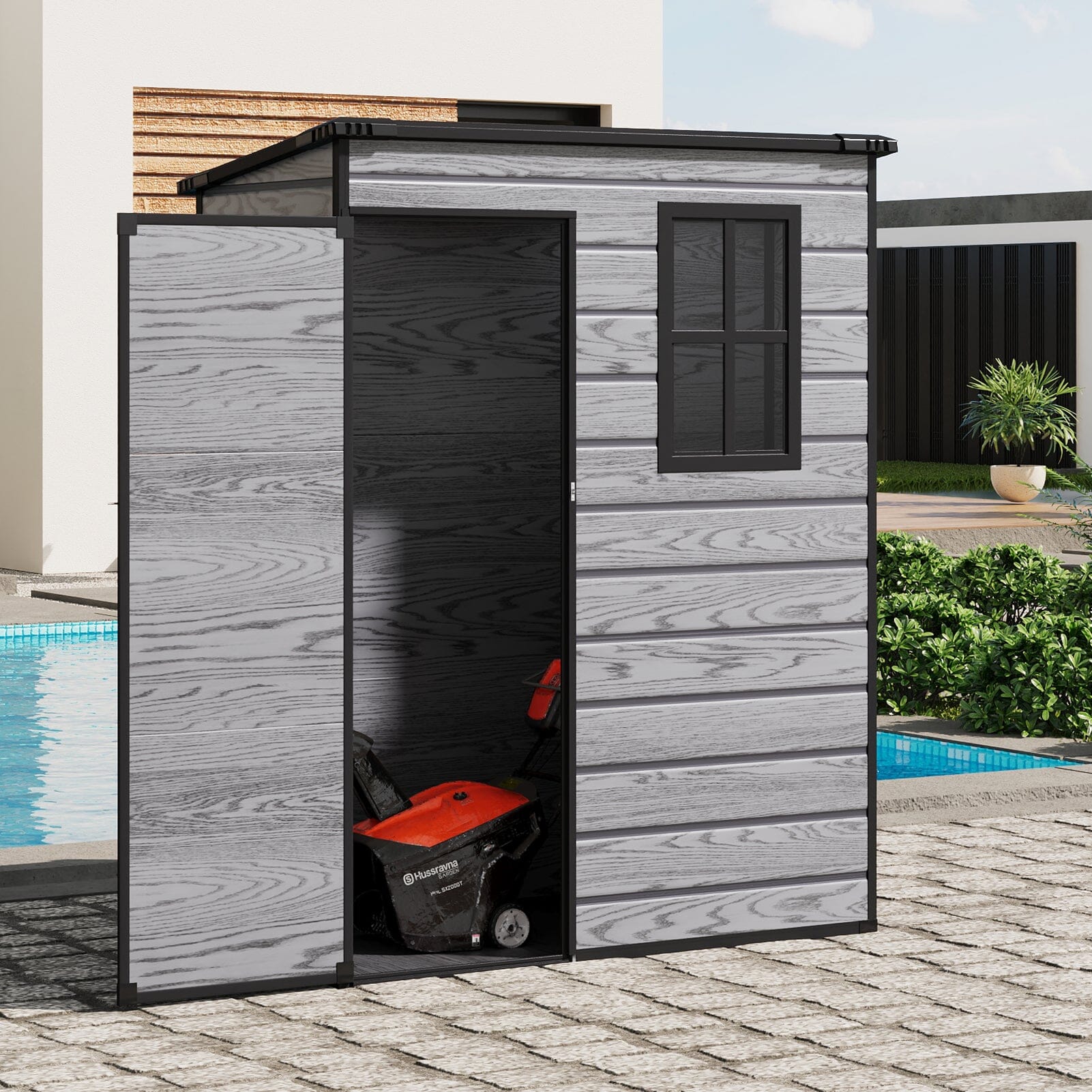 5x3ft / 5x4ft Plastic Garden Storage Shed with Front and Size Door for Bikes and Tools Living and Home 5x3ft Front Door Dark Grey Wood Grain 