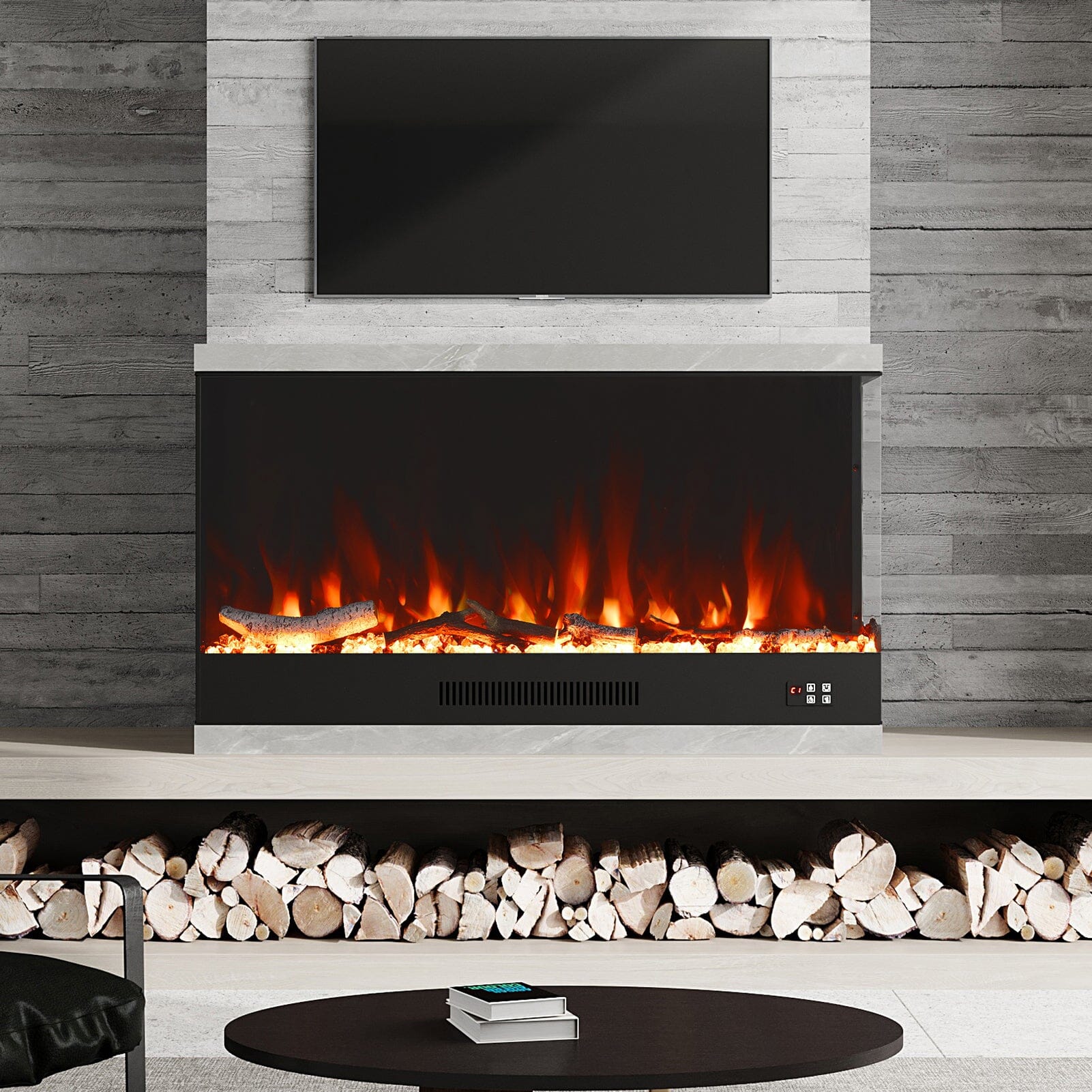 46/60inch L-Shaped Electric Fireplace – WiFi Control, LED Display, Resin Logs & Crystal Stones with Heating Living and Home 