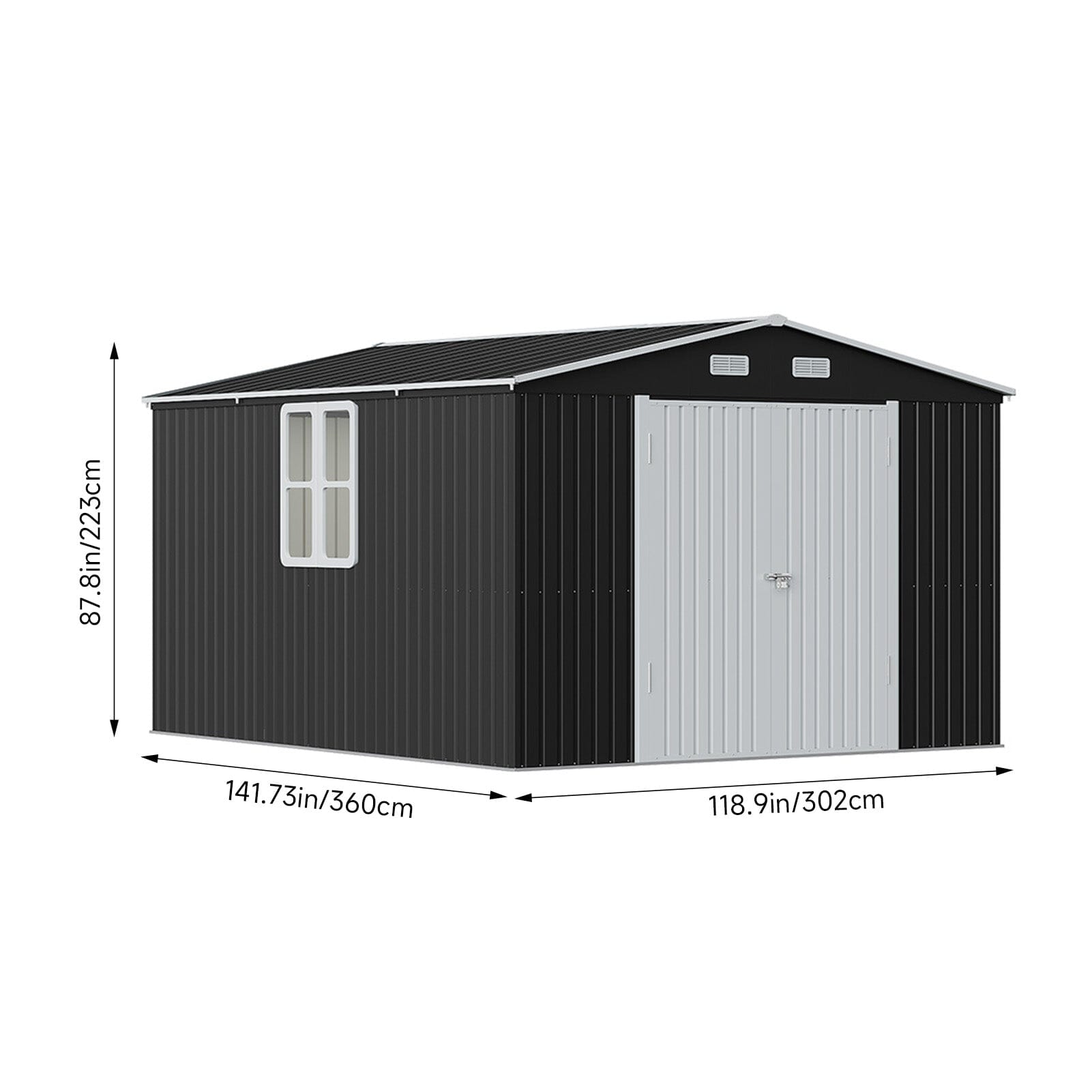 12x10ft / 10x12ft / 10x16ft Charcoal Black Galvanized Steel Storage Shed with Double Lockable Doors & Grid Windows Living and Home 