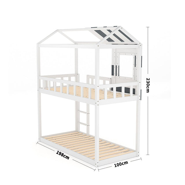 Modern Twin Bunk Bed Slatted Board House Shaped Living and Home 