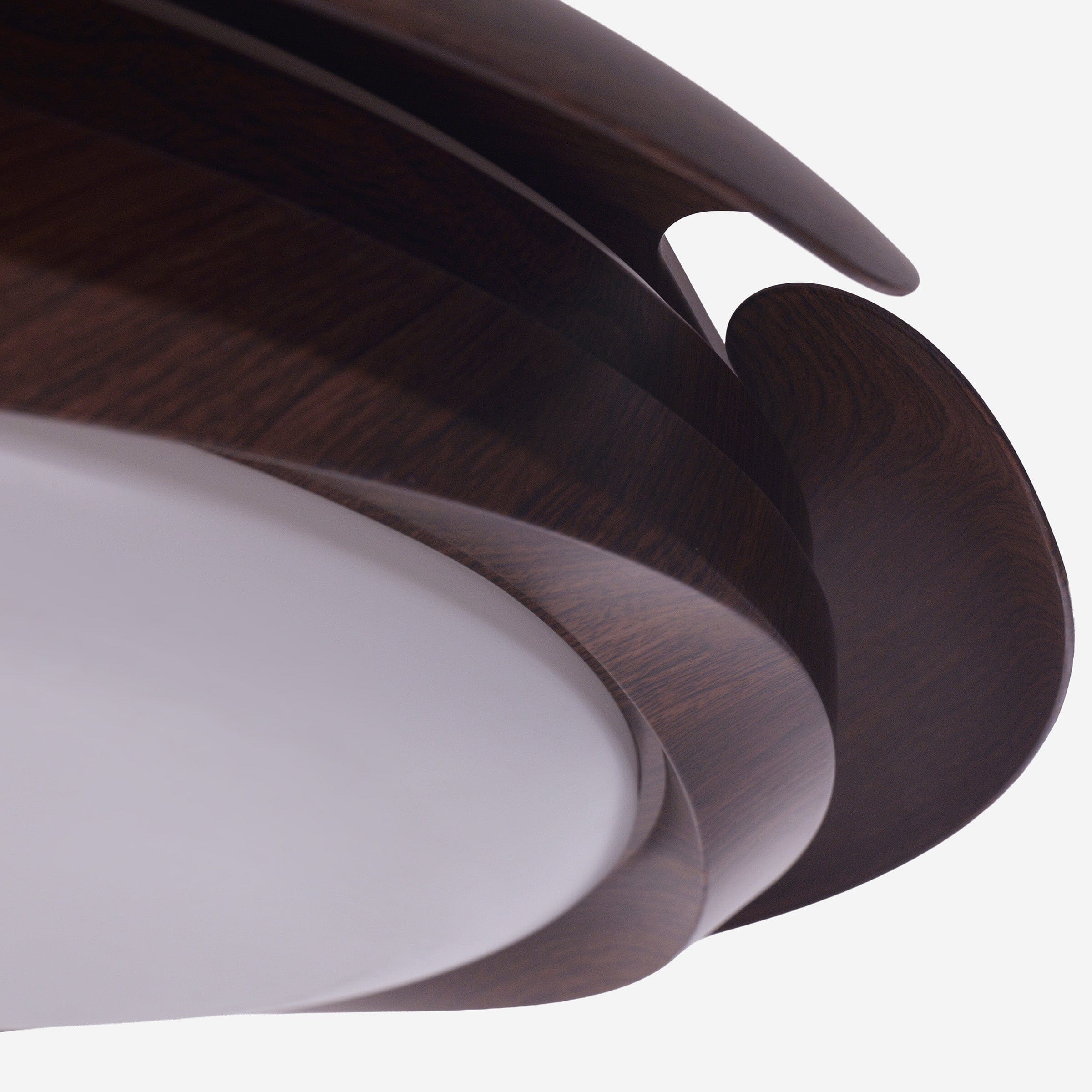 Close-up of walnut effect fan blade and integrated LED diffuser