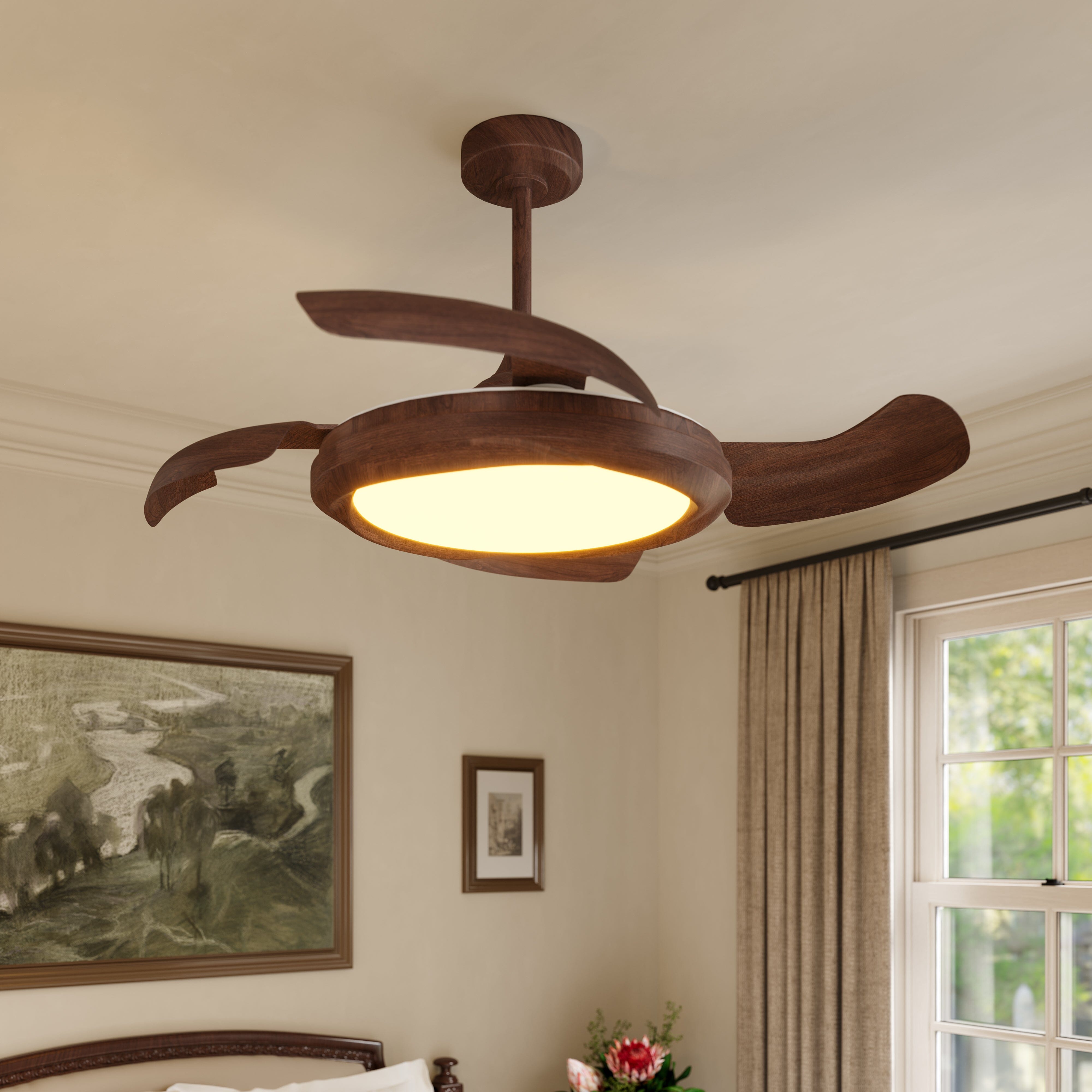 Close-up of walnut effect ceiling fan light with extended wood-grain blades