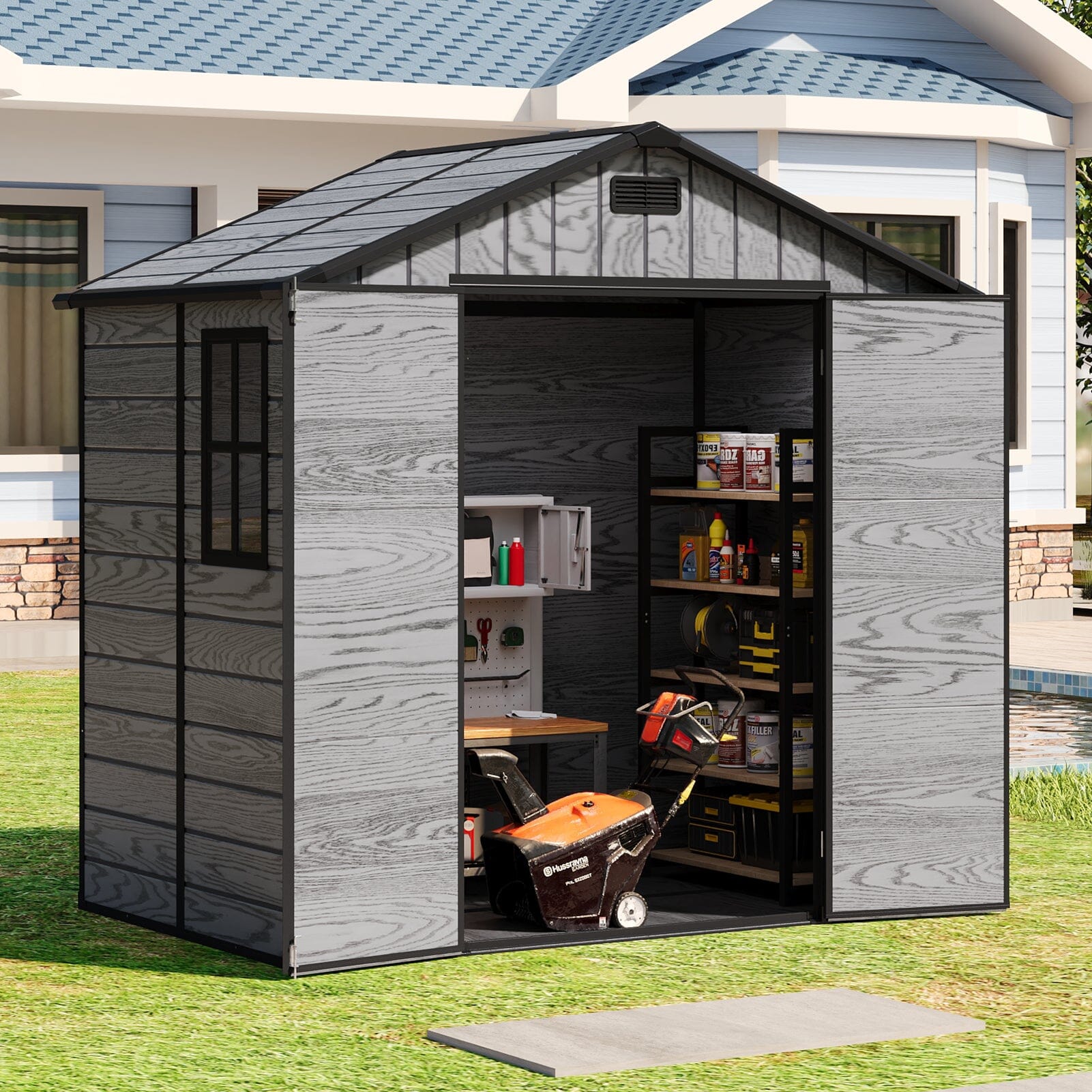 8x4ft PP Apex Roof Garden Tool Shed Outdoor Patio Storage House Living and Home 