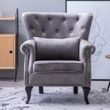 Grey Tufted Velvet Upholstered Wingback Chair with Pillow Wingback Chairs Living and Home 