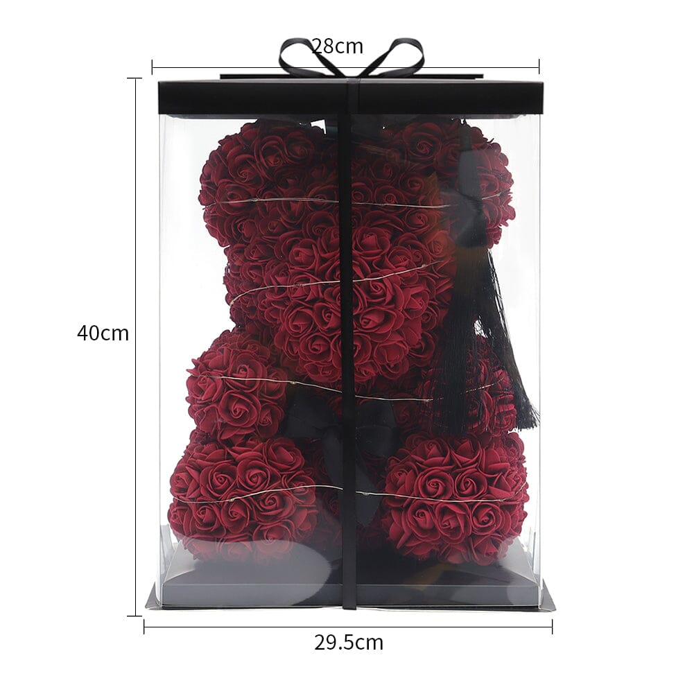 Simulation Foam Forever Rose Teddy Bear Gift Box-Black Tassel Black Hat-Wine Red Living and Home 