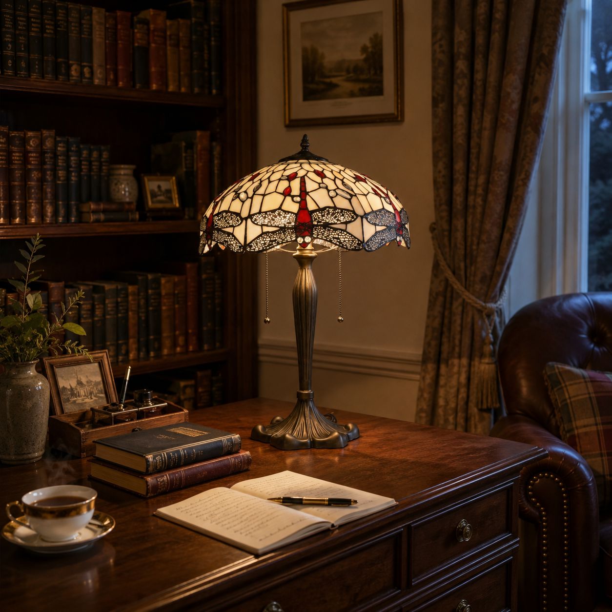 White stained glass table lamp beside an armchair in a cosy reading corner