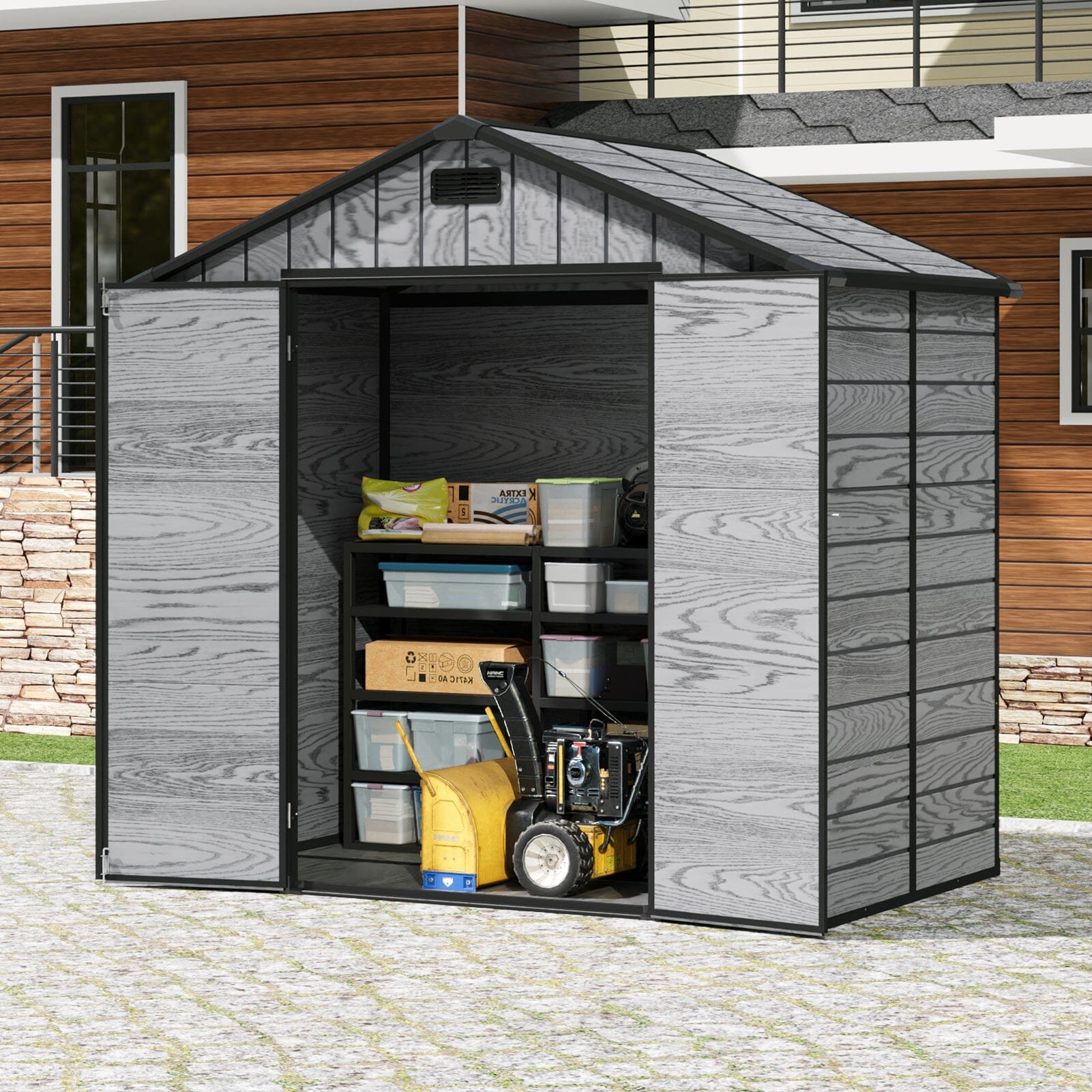 8x4ft PP Apex Roof Garden Tool Shed Outdoor Patio Storage House Living and Home Dark Gray Wood Grain 