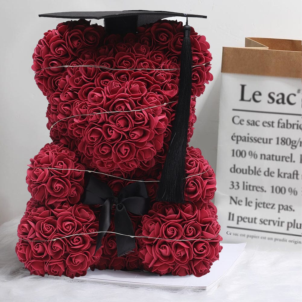Simulation Foam Forever Rose Teddy Bear Gift Box-Black Tassel Black Hat-Wine Red Living and Home 