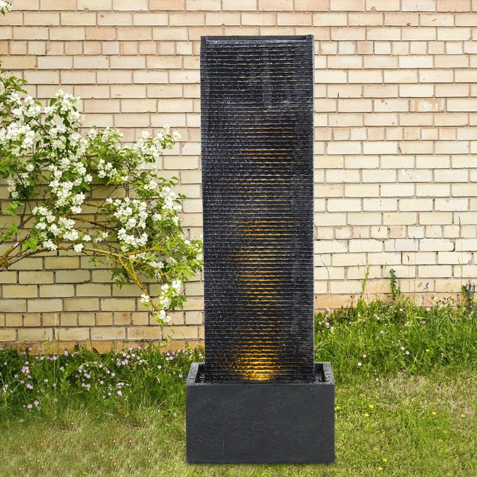 98cm H Black Rectangle Waterfall Stone Look Water Fountain with LED Light Fountains Living and Home 