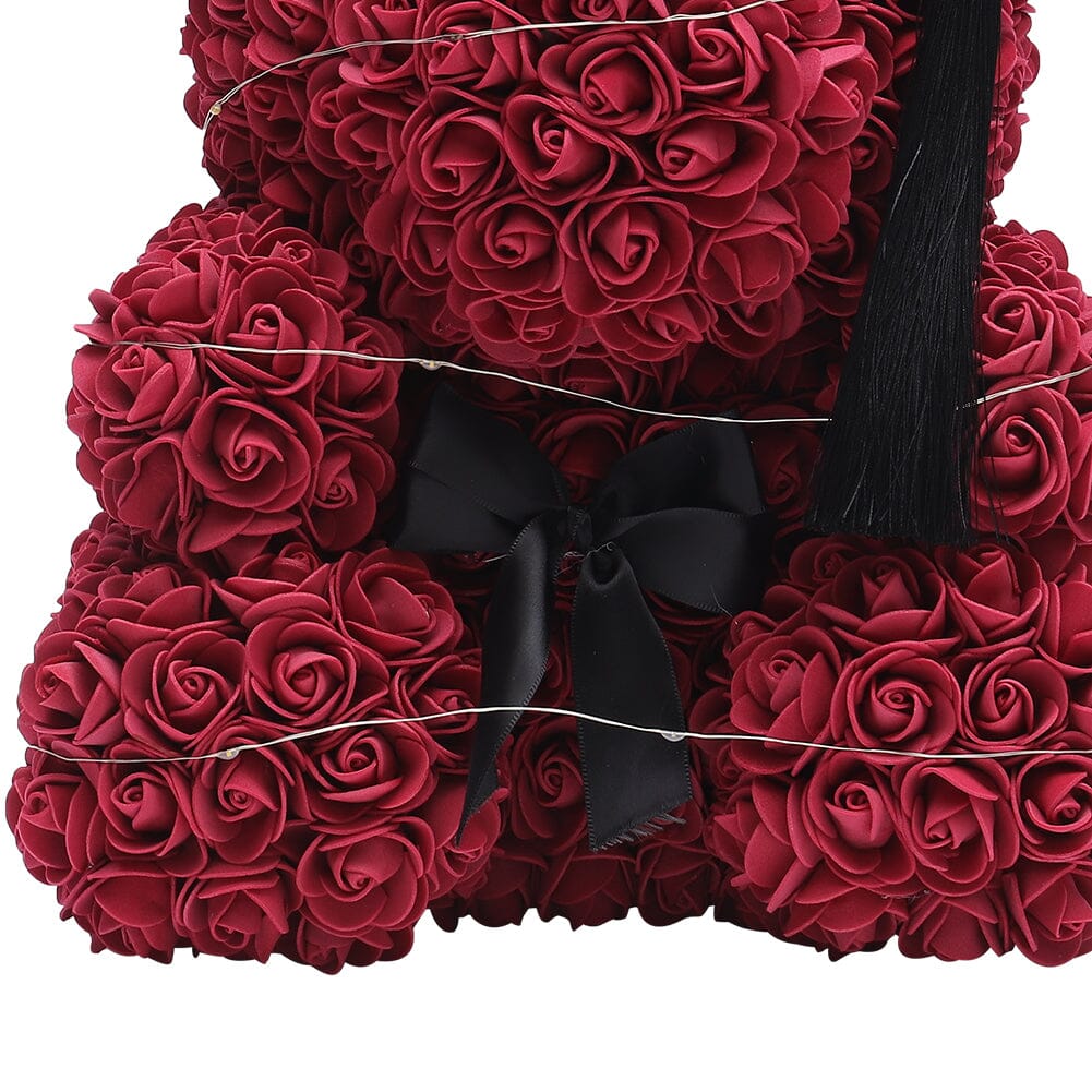 Simulation Foam Forever Rose Teddy Bear Gift Box-Black Tassel Black Hat-Wine Red Living and Home 