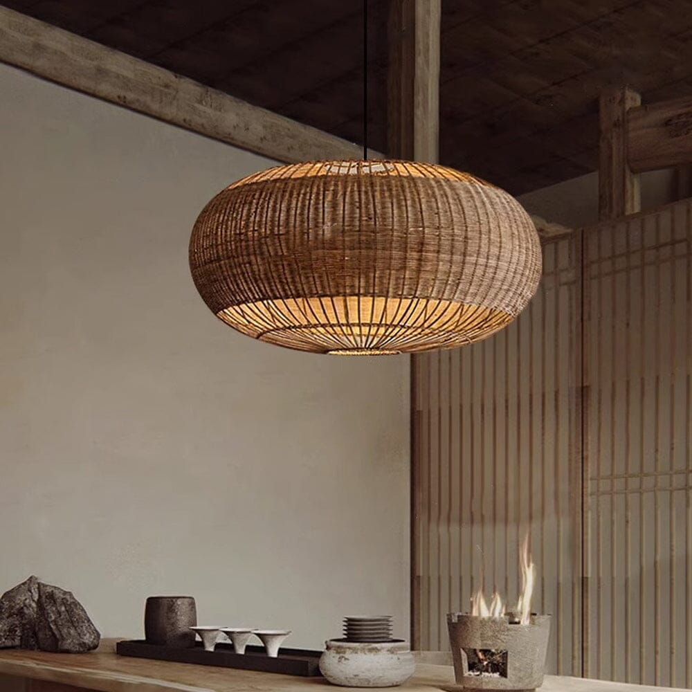 Lightsin Handcrafted Rattan Pendant Light in Flat Round Basket Shape Lightsin UK 