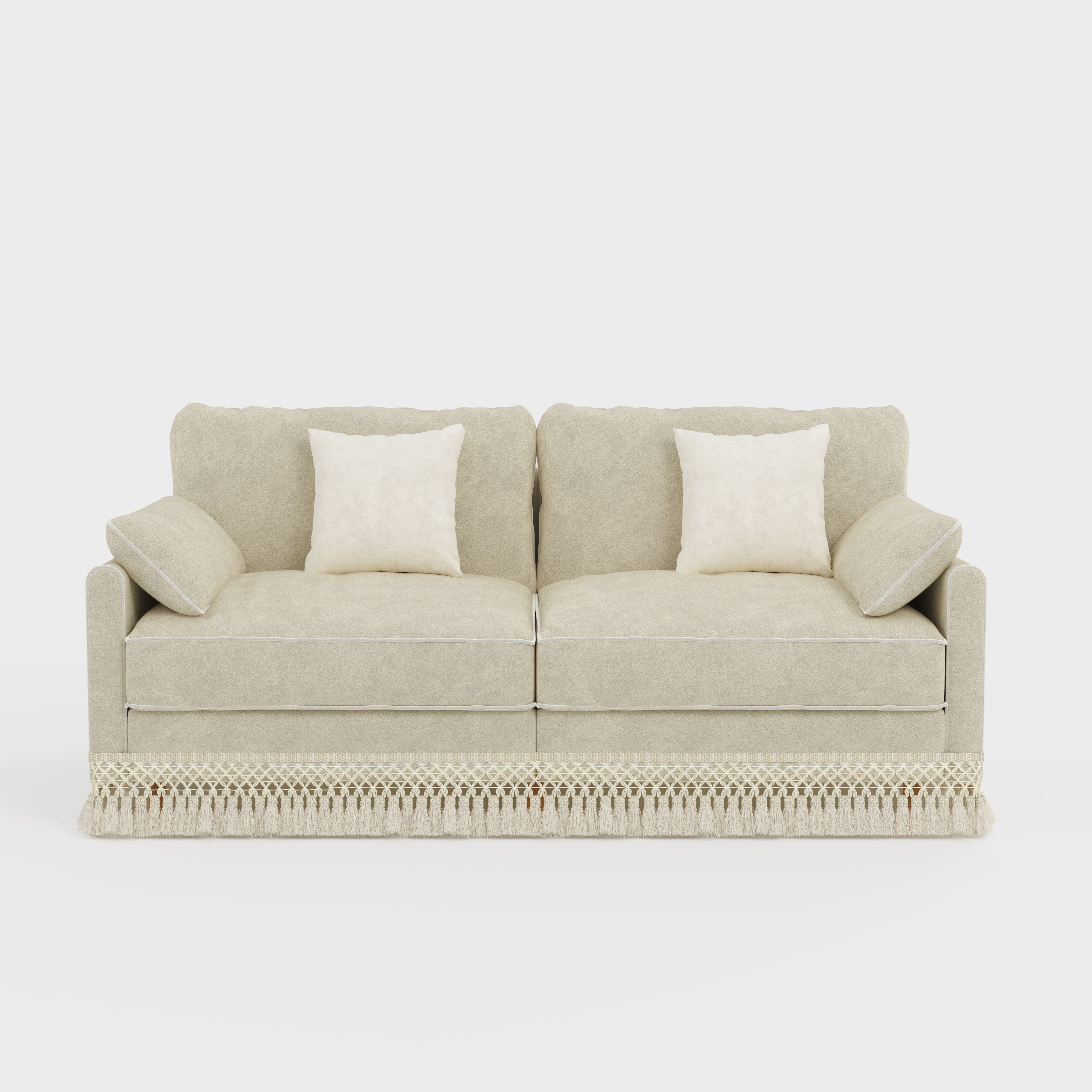 Cotton Linen Detachable Modular Sofa with Fringed Trim Cottonfy UK 2 Seater Oatmeal Pre-Order