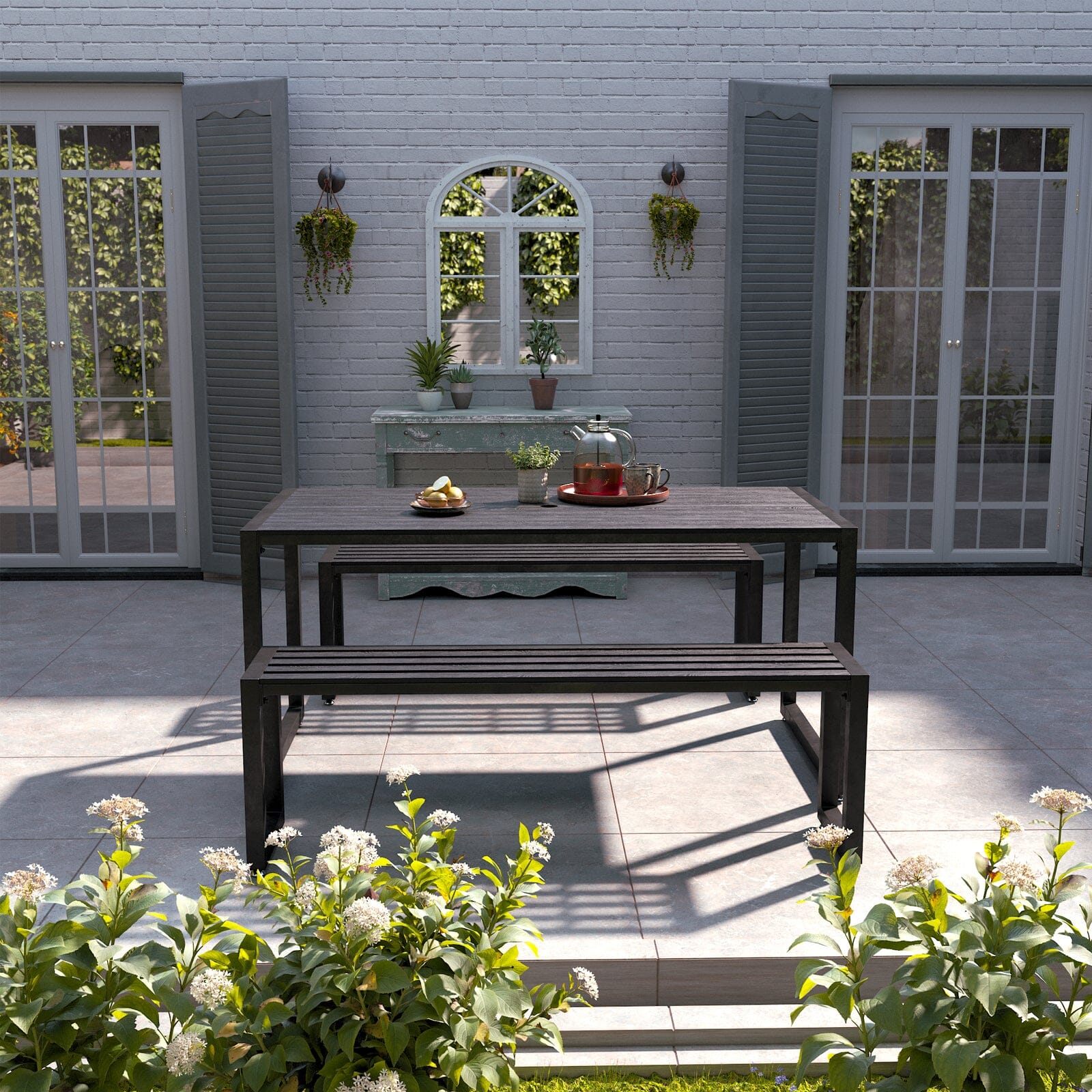 6 - Person 150cm Long Iron Outdoor Dining Set Garden Table and Bench Garden Dining Sets Living and Home 