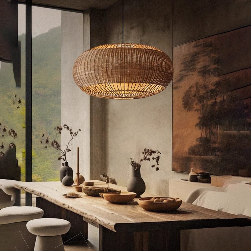 Lightsin Handcrafted Rattan Pendant Light in Flat Round Basket Shape Lightsin UK 