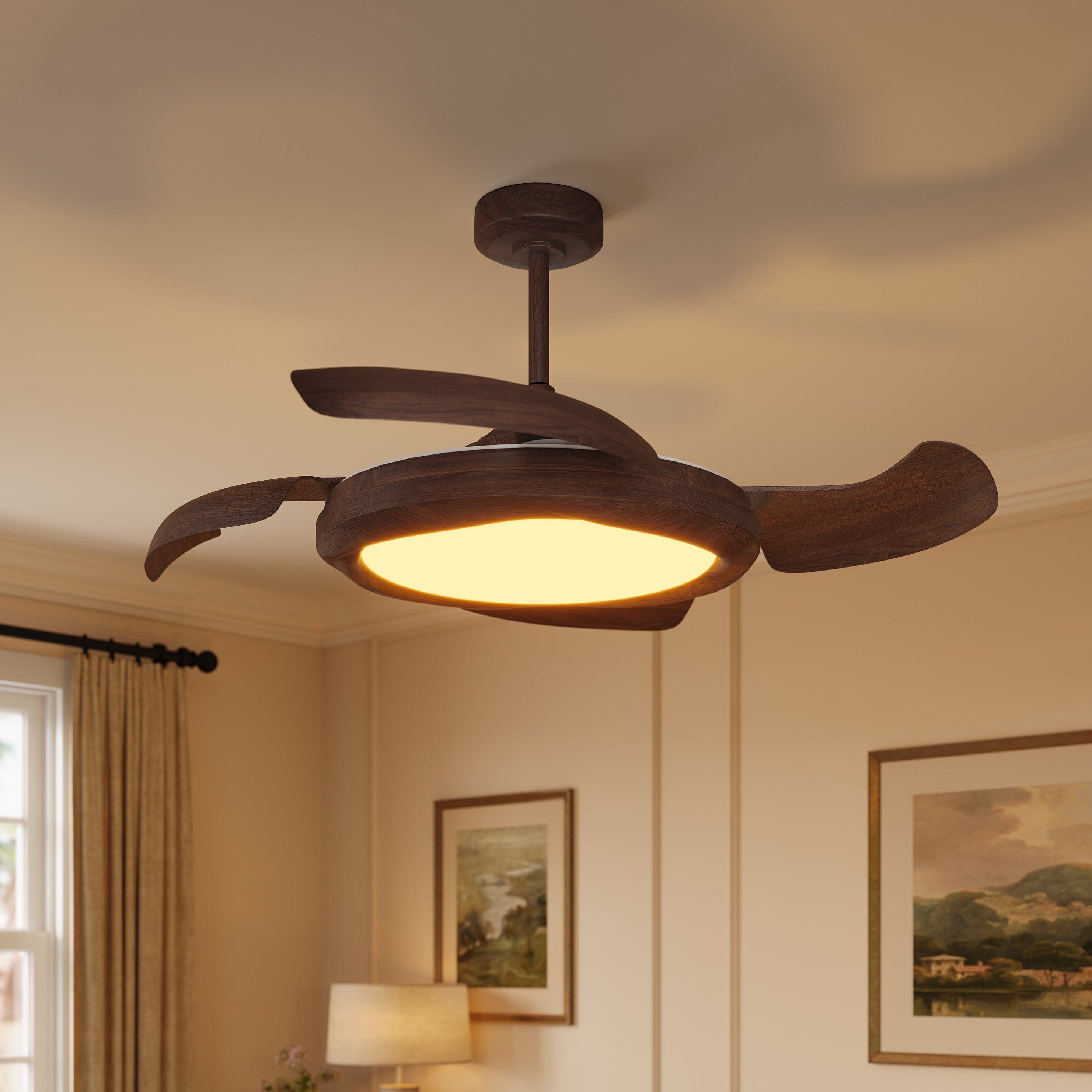 Walnut effect ceiling fan light above a warm traditional British living room