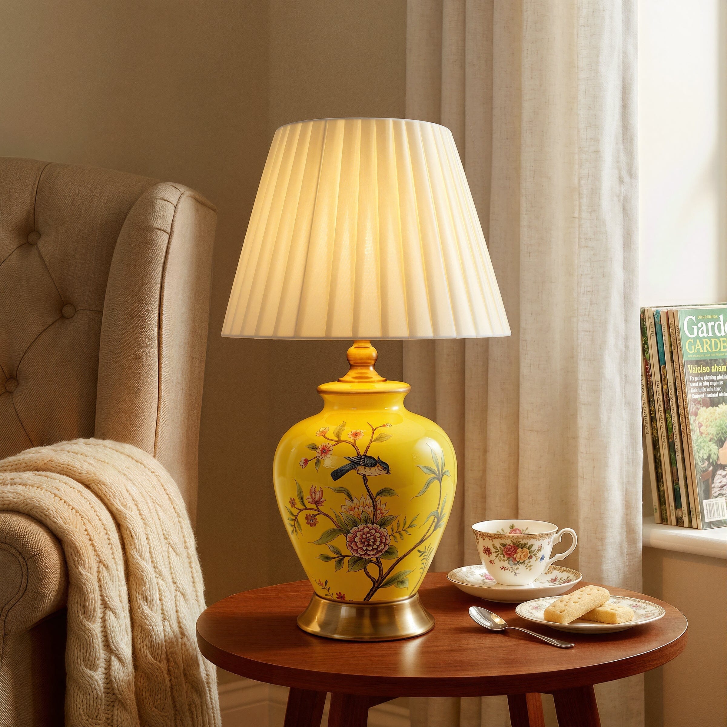 Lightsin Chinoiserie Hand-Painted Ceramic Table Lamp Collection Lightsin UK Yellow-Single Bird Pre-Order 
