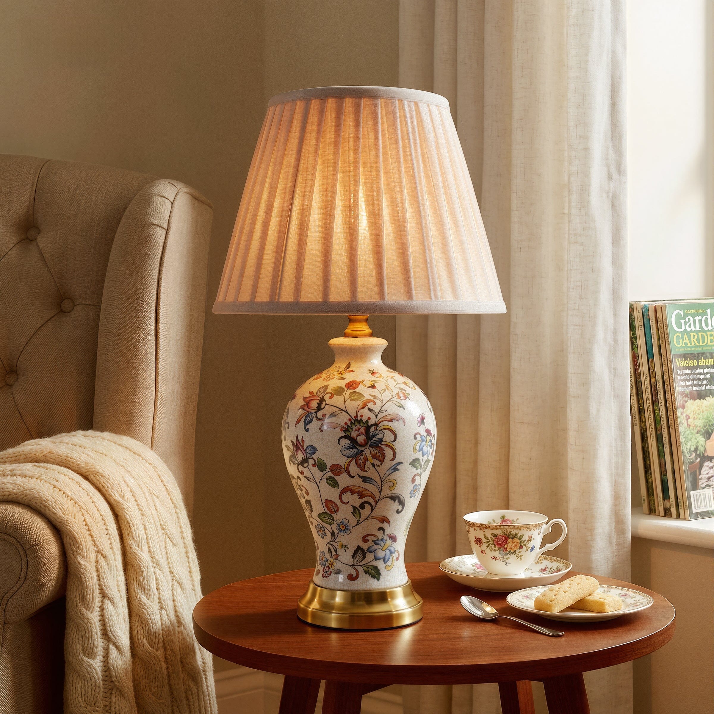 Lightsin Chinoiserie Hand-Painted Porcelain Table Lamp with Pleated Linen Shade Lightsin UK Pre-Order 