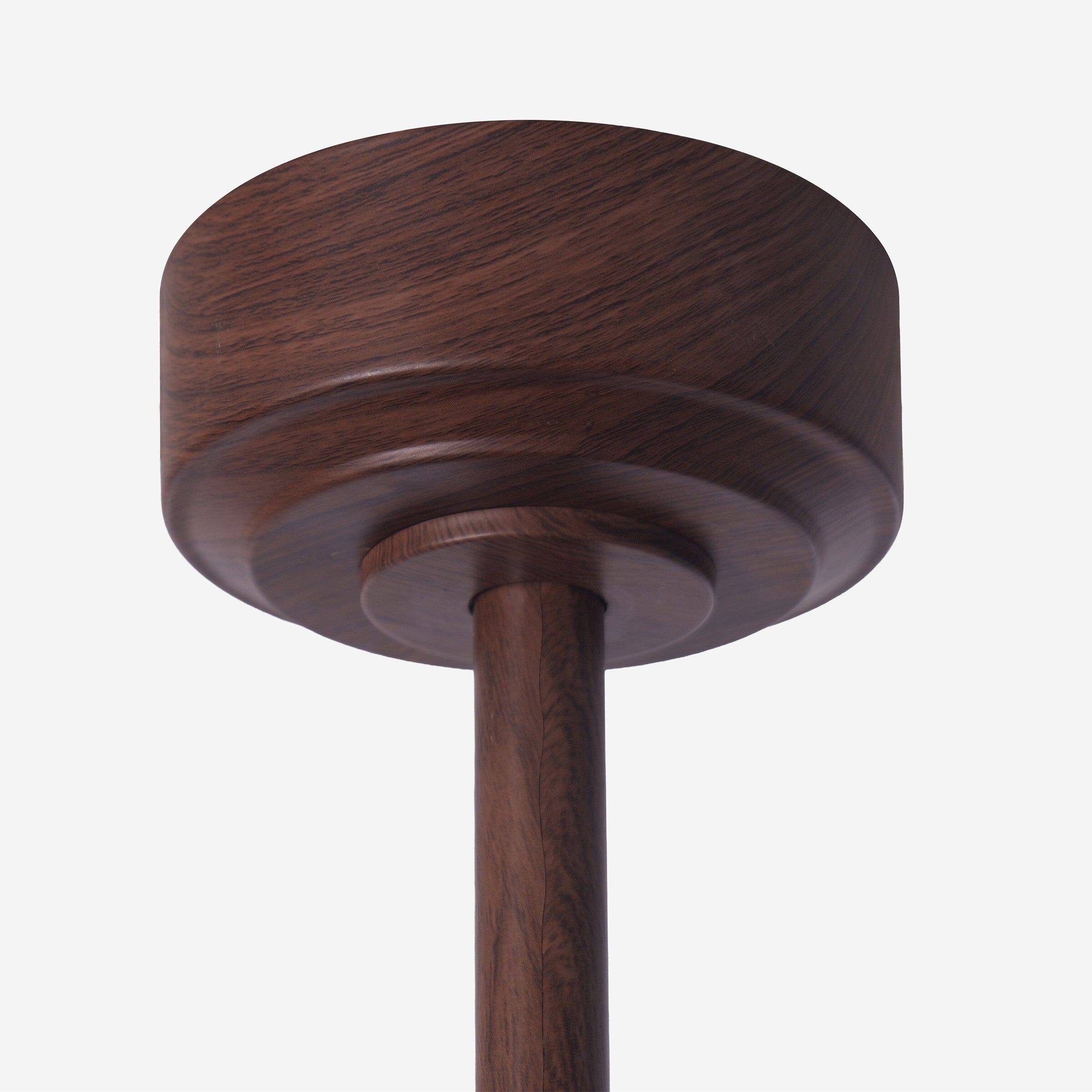Close-up of walnut effect ceiling canopy and short downrod