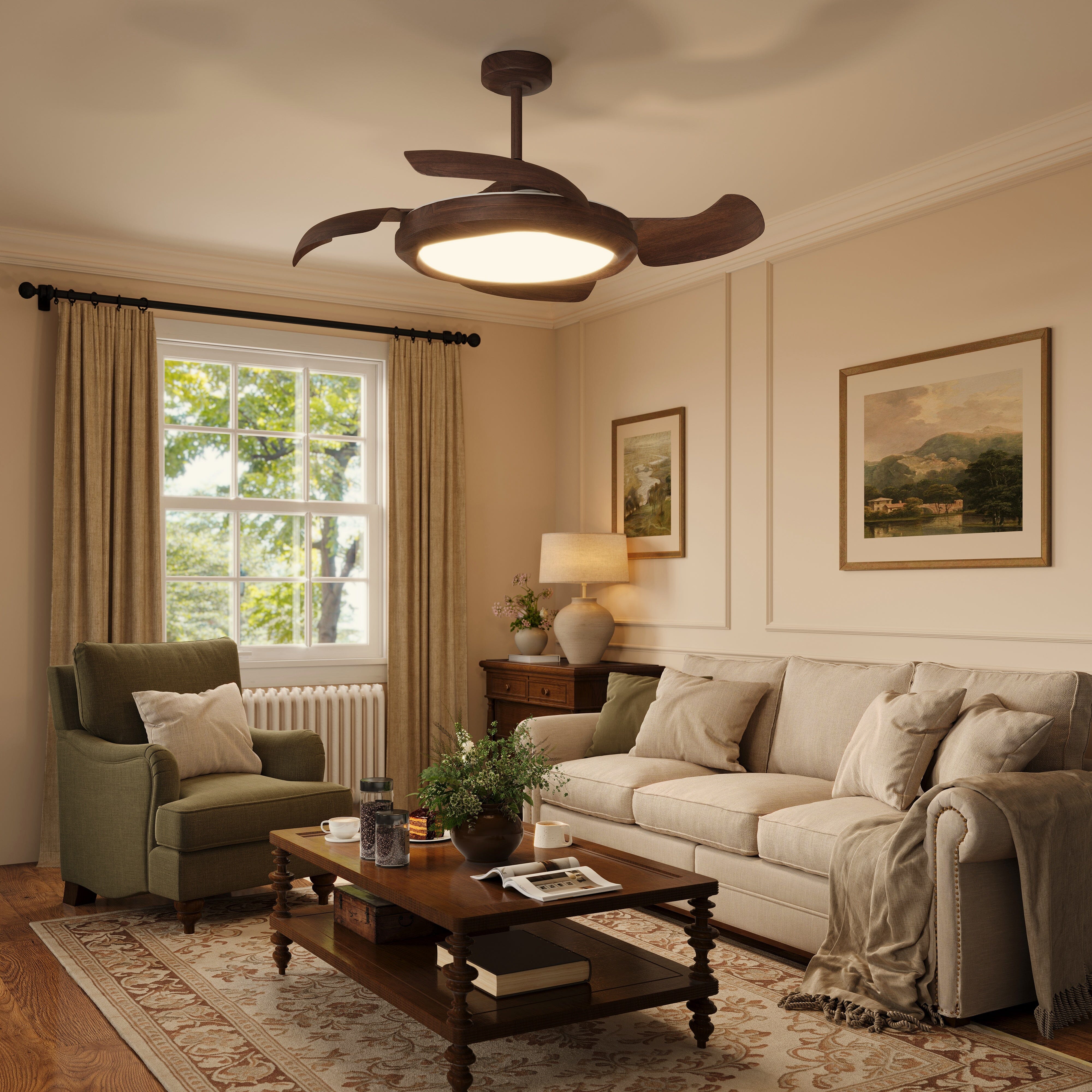Walnut effect ceiling fan light with neutral LED glow in a classic living room