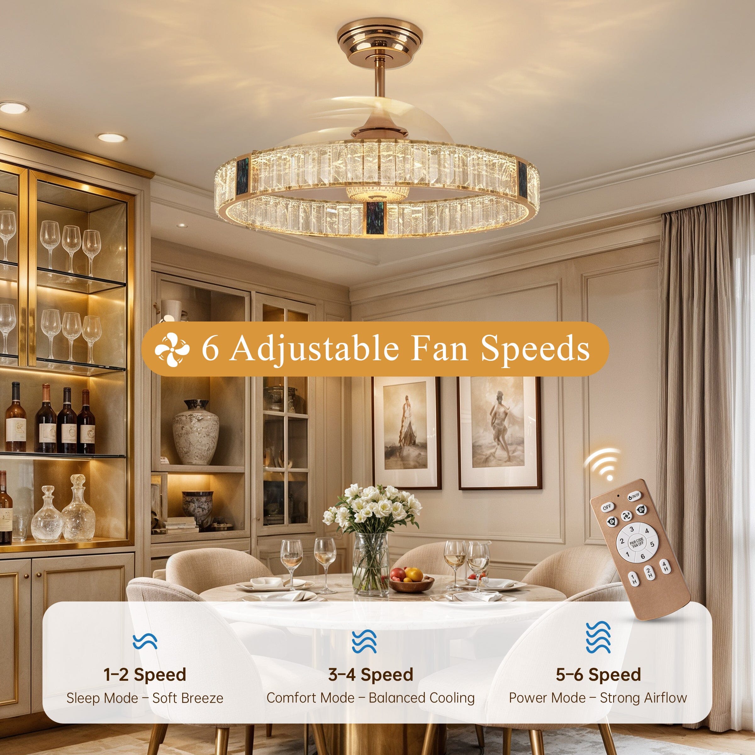 Lightsin 60cm Gold Crystal Ceiling Fan with LED Light, Remote Control & 6 Speeds Lightsin UK 