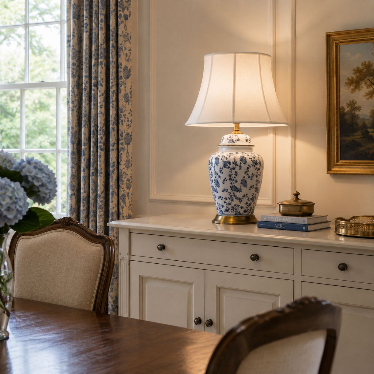 Lightsin Blue Floral Ceramic Table Lamp with Fabric Shade and Brass Base Lightsin UK 