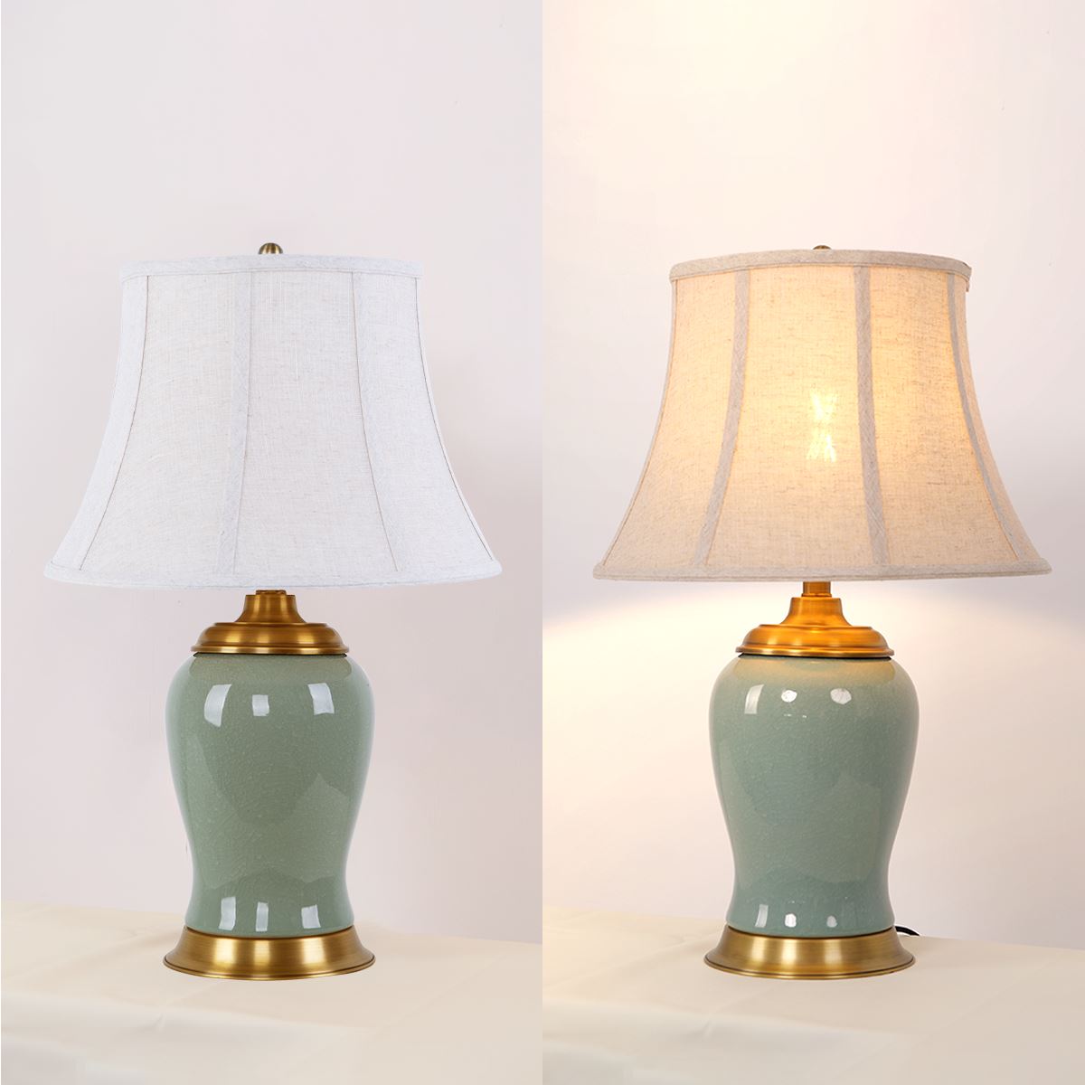 Vintage Green Crackle Ceramic Table Lamp with Fabric Shade Lightsin UK 