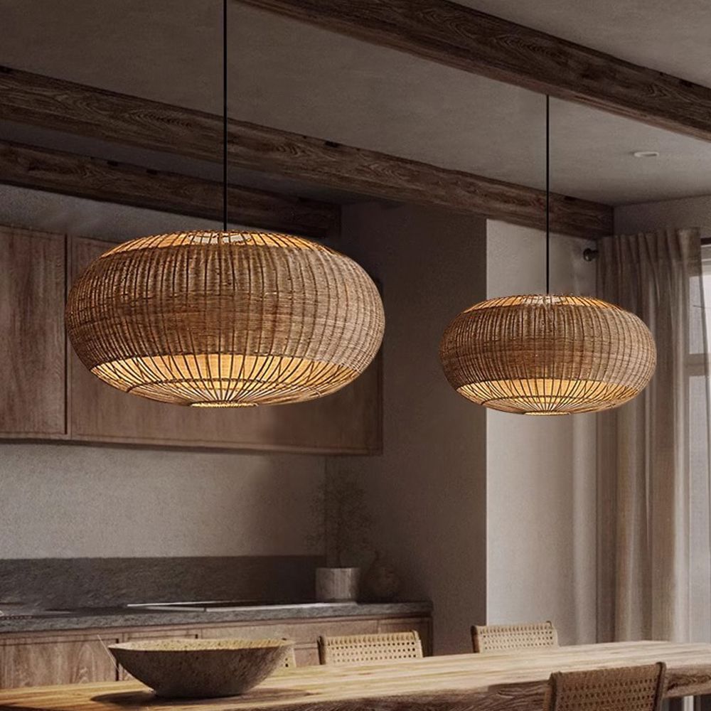 Lightsin Handcrafted Rattan Pendant Light in Flat Round Basket Shape Lightsin UK 