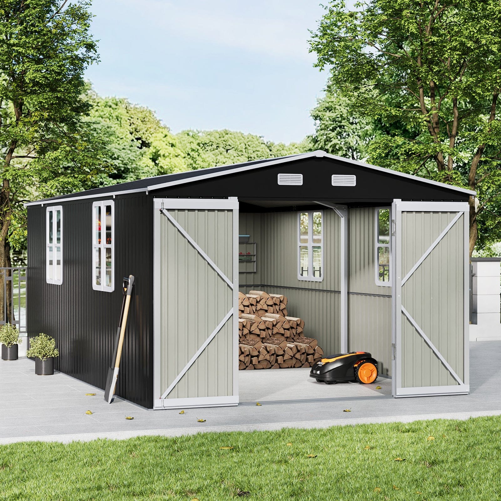 12x10ft / 10x12ft / 10x16ft Charcoal Black Galvanized Steel Storage Shed with Double Lockable Doors & Grid Windows Living and Home 