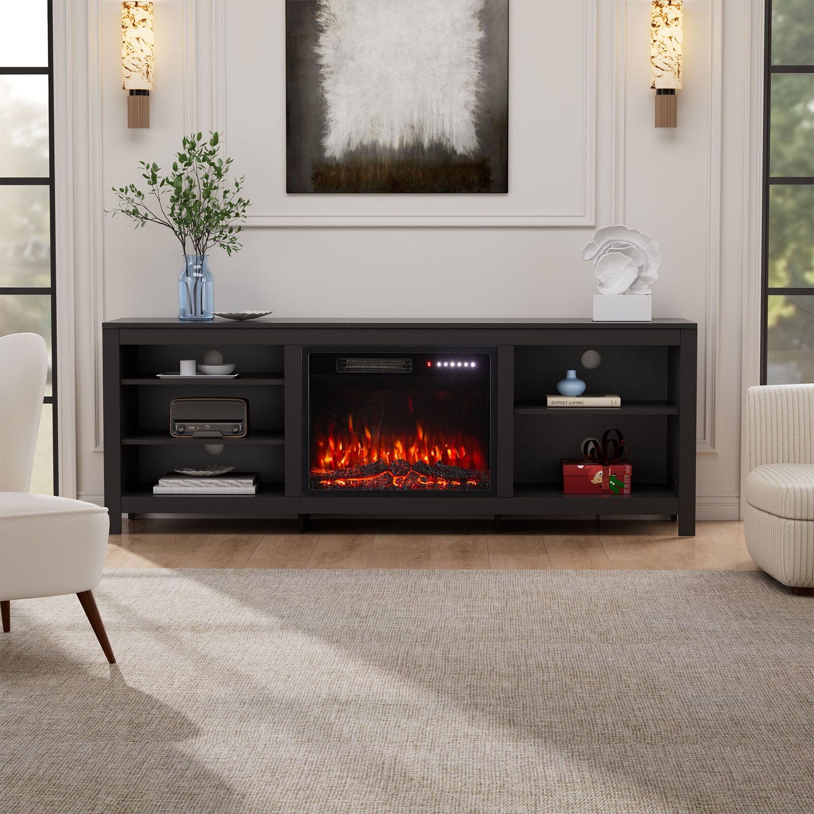 23Inch Electric Fireplace with TV Stand | 12 Flame Colours, Remote Control Living and Home Fireplace Only Black 