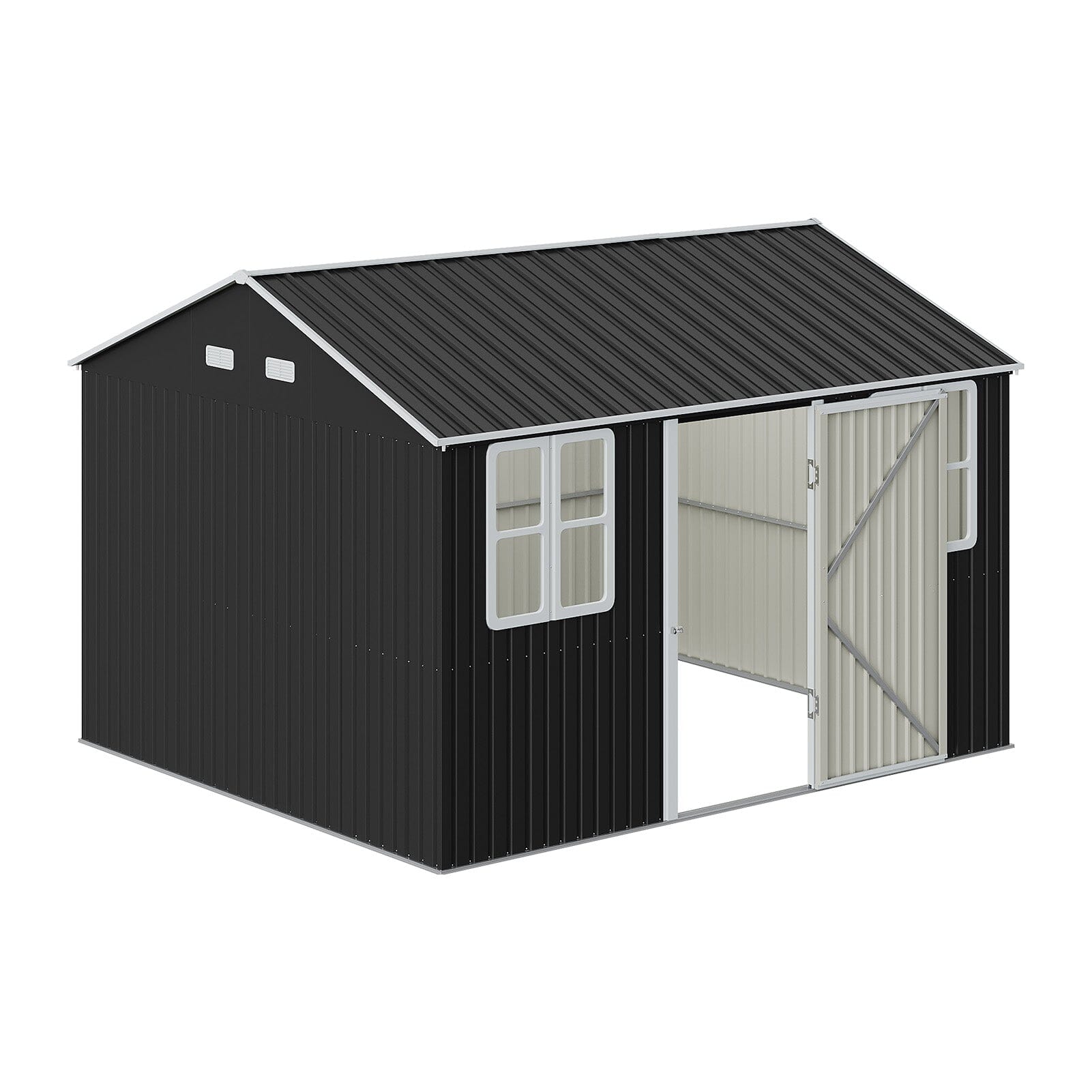 7X4ft/8.5X5.5ft/10x8ft Charcoal Black Storage Shed with Double Doors and Grid Window Living and Home 