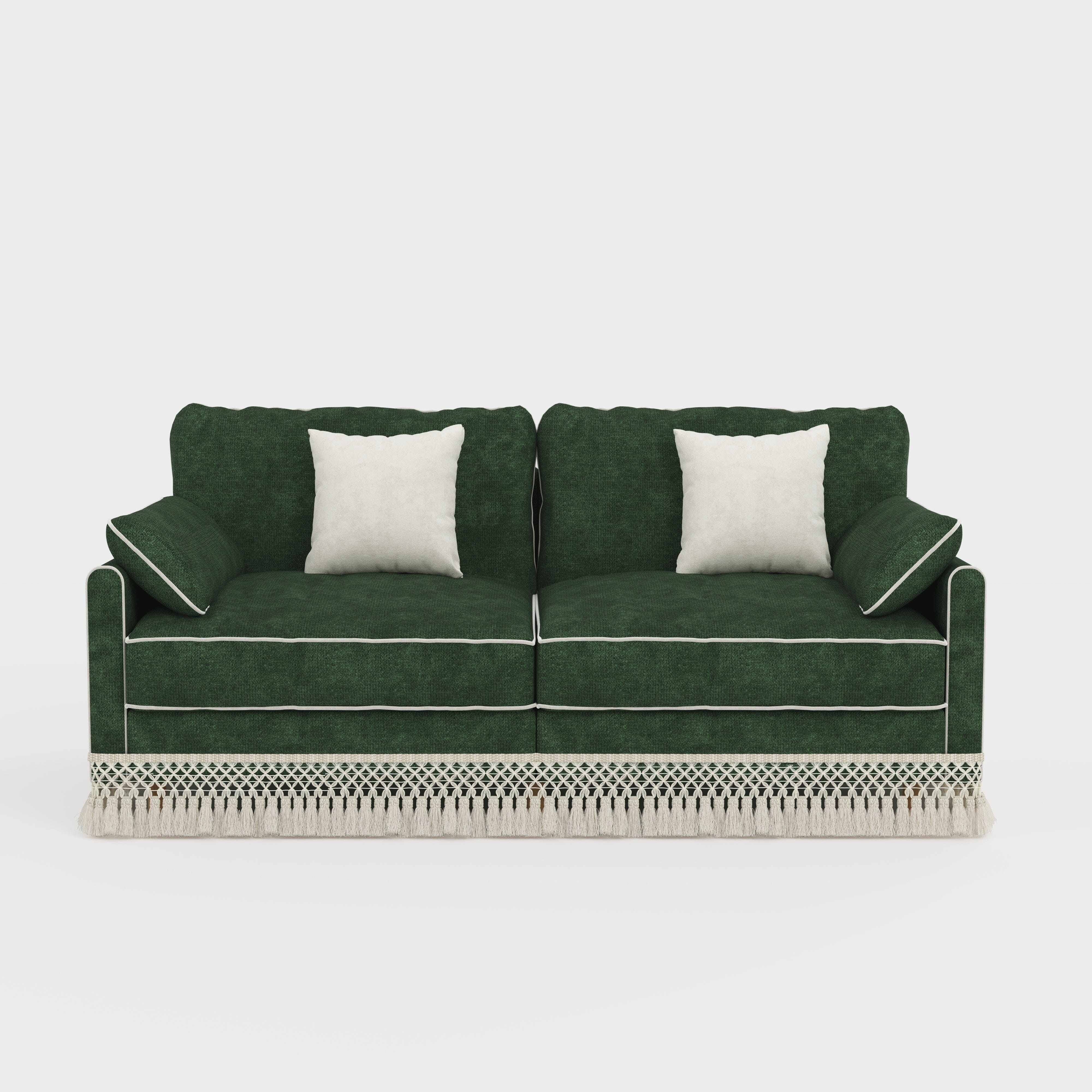 Cotton Linen Detachable Modular Sofa with Fringed Trim Cottonfy UK 2 Seater Forest Green Pre-Order