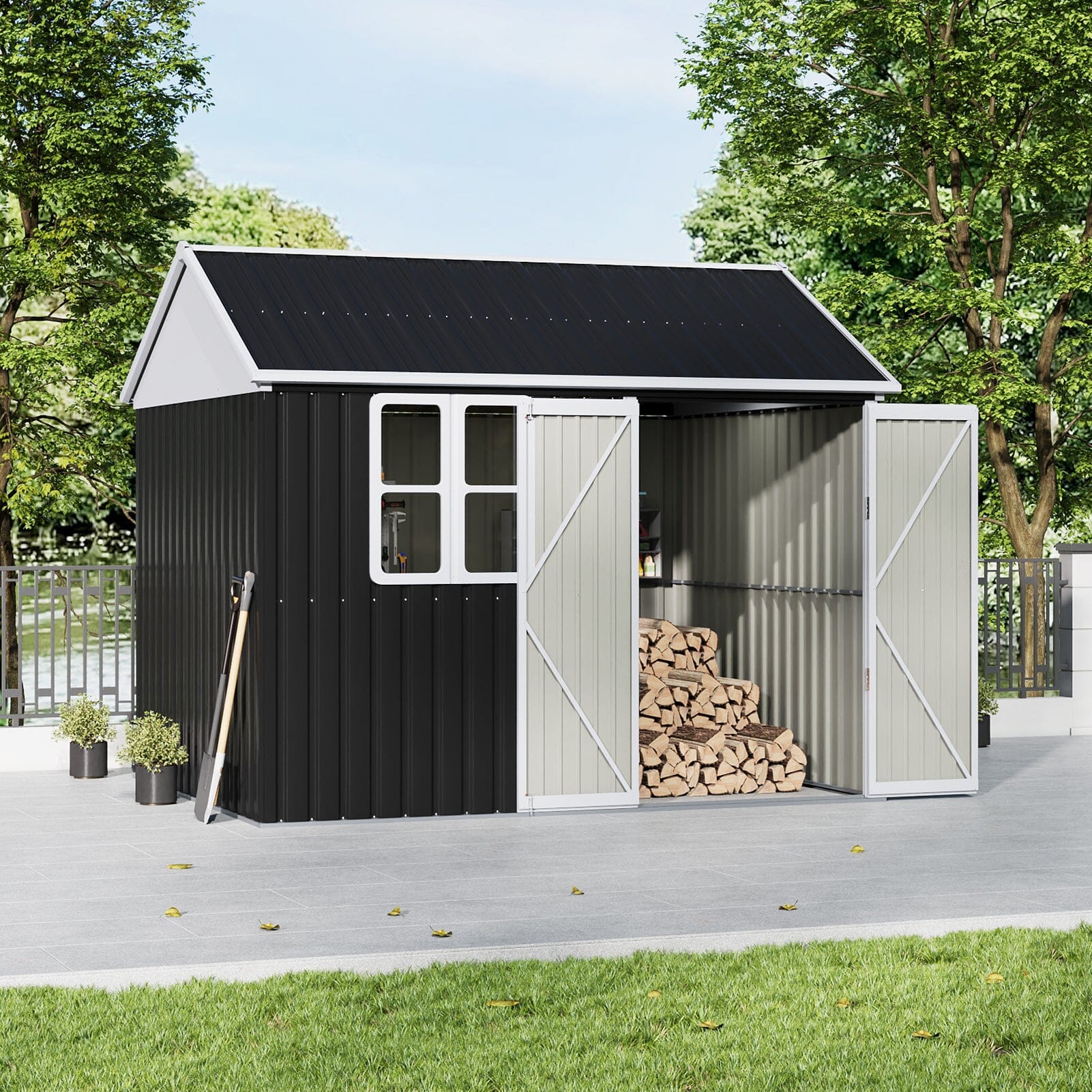 10x8FT Charcoal Black Storage Shed with Double Doors and Grid Window Living and Home 