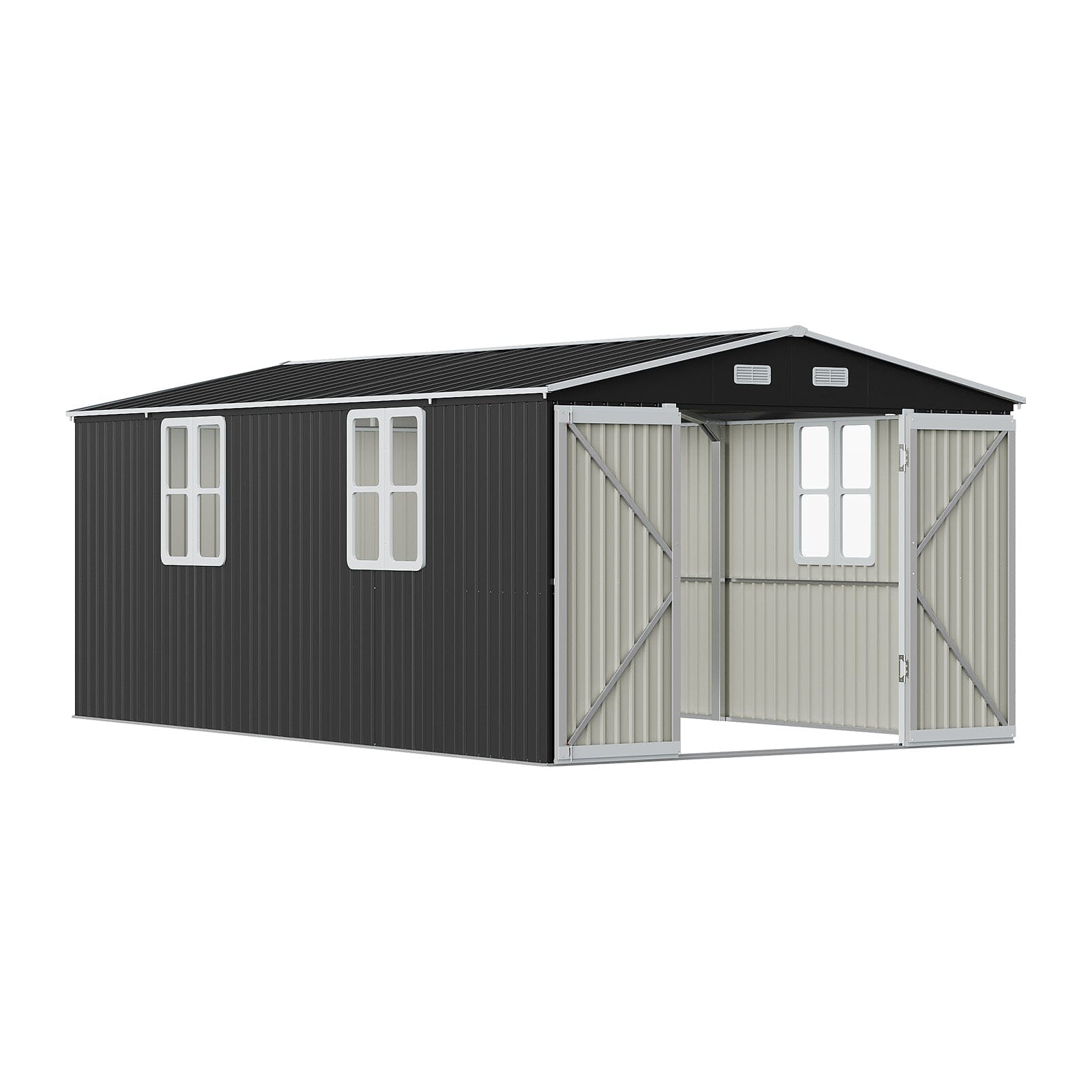 12x10ft / 10x12ft / 10x16ft Charcoal Black Galvanized Steel Storage Shed with Double Lockable Doors & Grid Windows Living and Home 