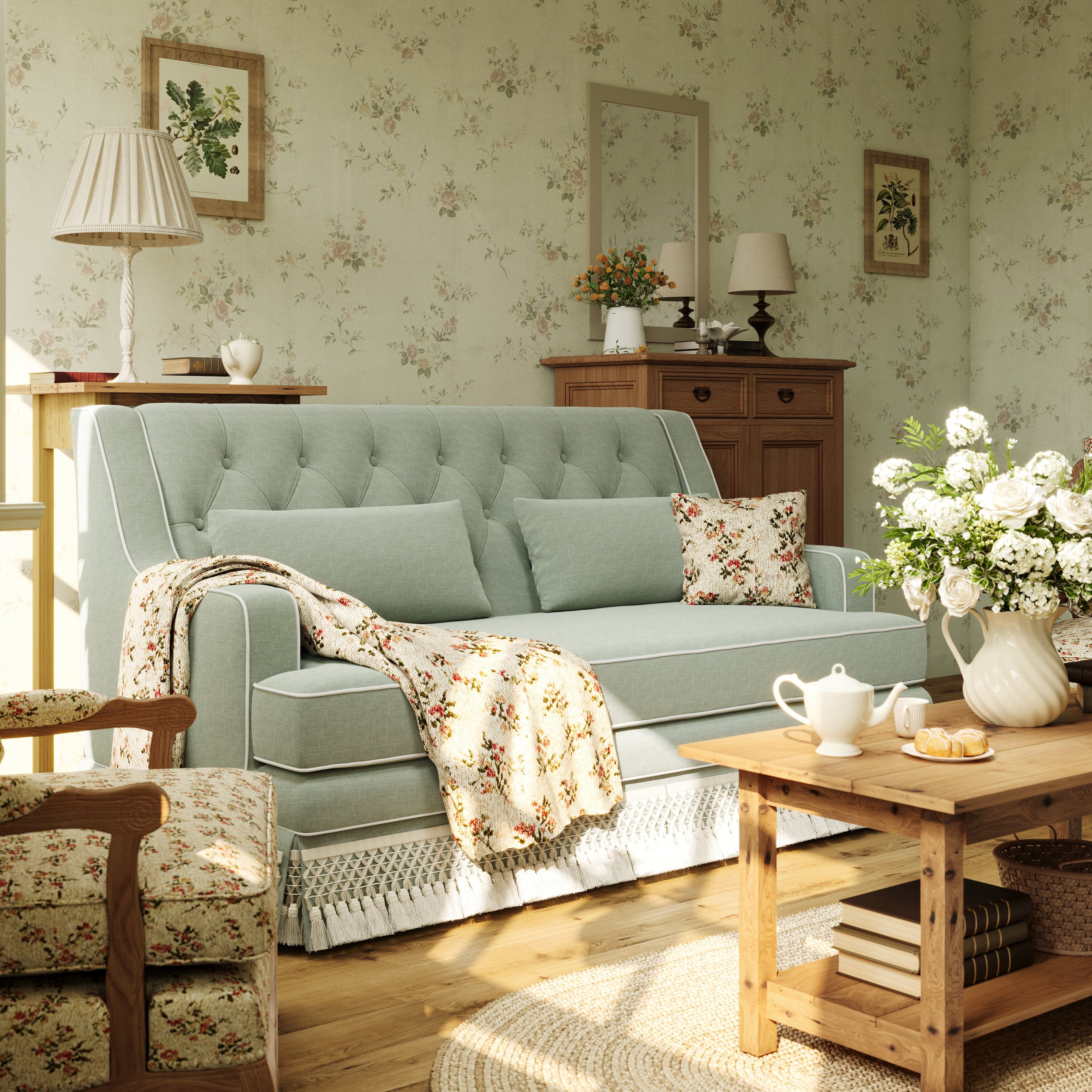 Cottonfy country fringe skirt sofa in cottagecore living room UK