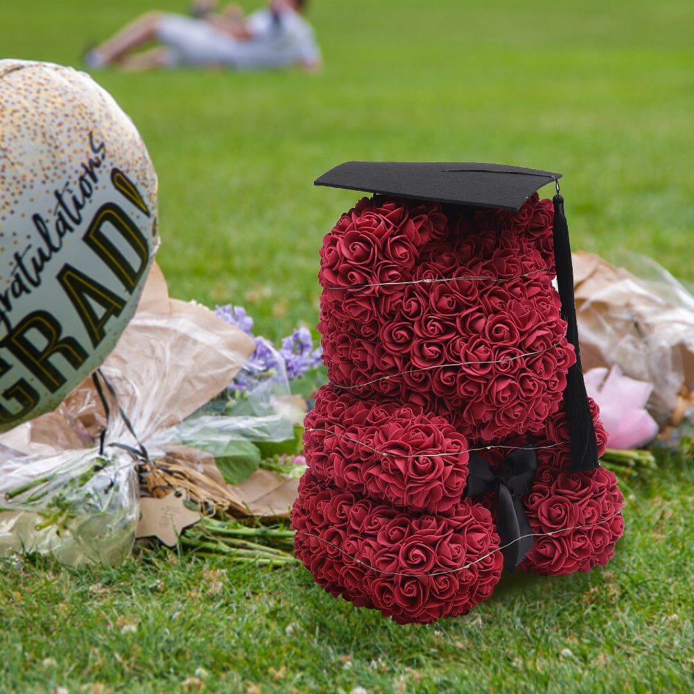 Simulation Foam Forever Rose Teddy Bear Gift Box-Black Tassel Black Hat-Wine Red Living and Home 