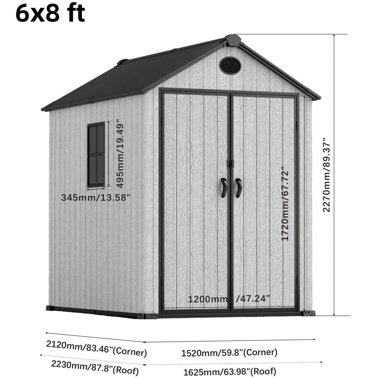 6'x8'ft/8'x8'ft/8'x12'ft/8'x16'ft Gray Wood Grain Plastic Tool Shed Living and Home 