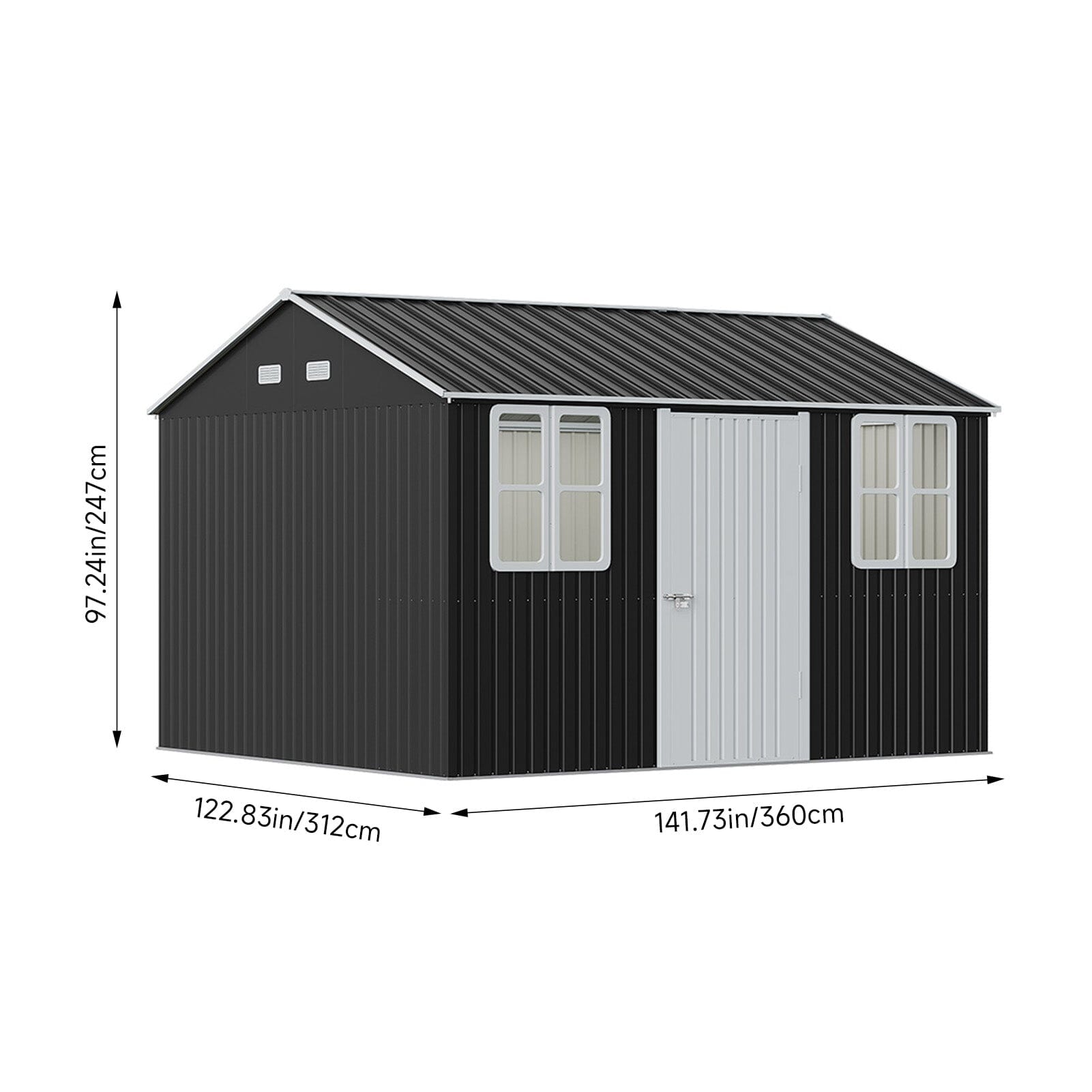 7X4ft/8.5X5.5ft/10x8ft Charcoal Black Storage Shed with Double Doors and Grid Window Living and Home 