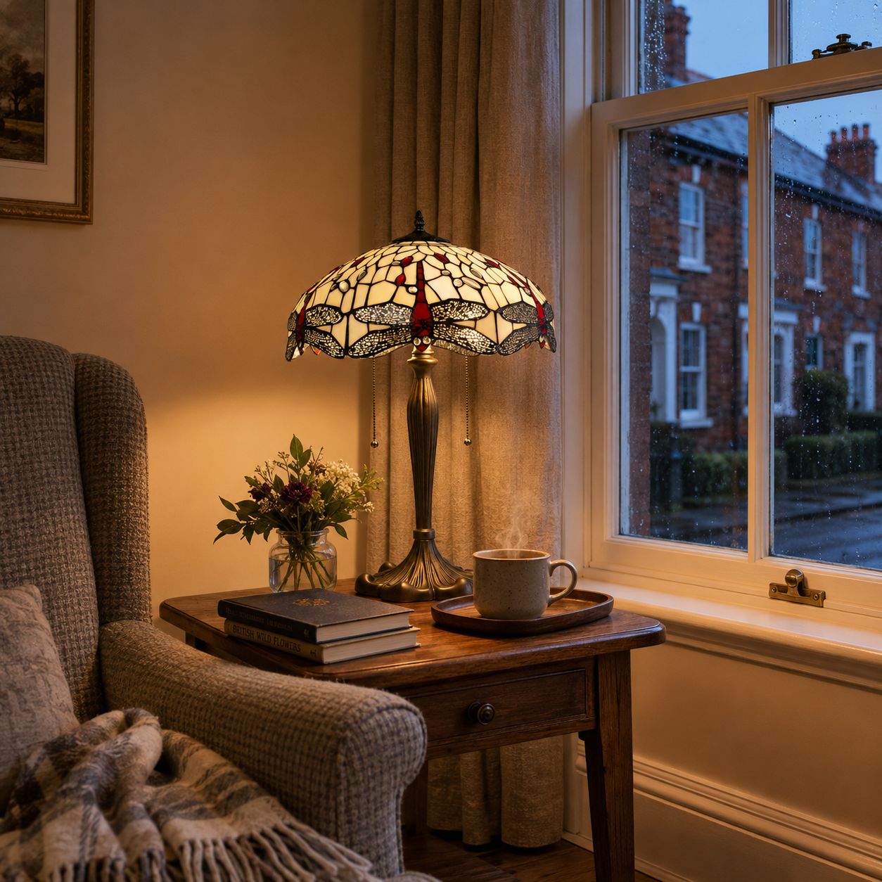 White dragonfly table lamp on a side table beside a window seat