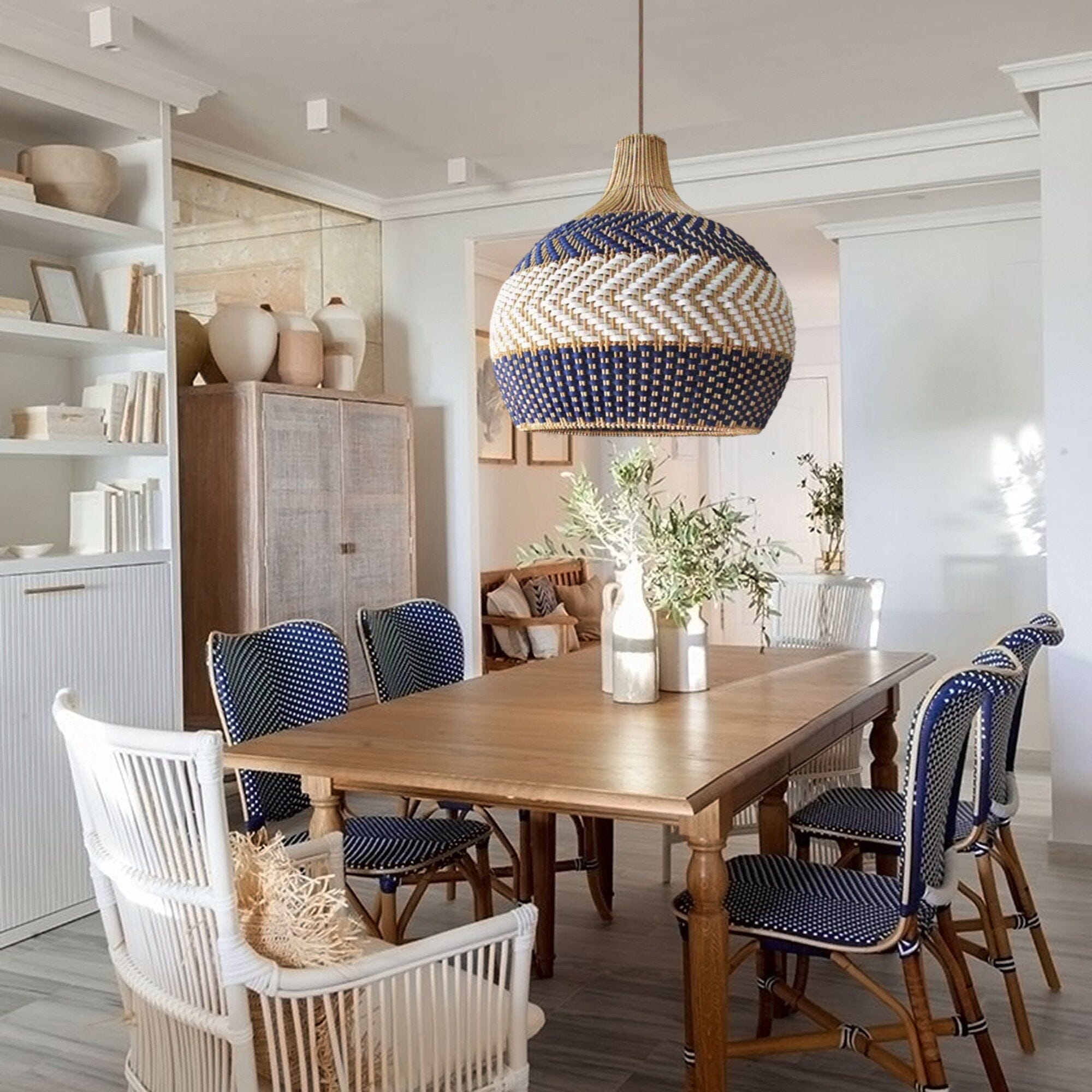 Lightsin Handwoven Blue and White Rattan Pendant Light – Living