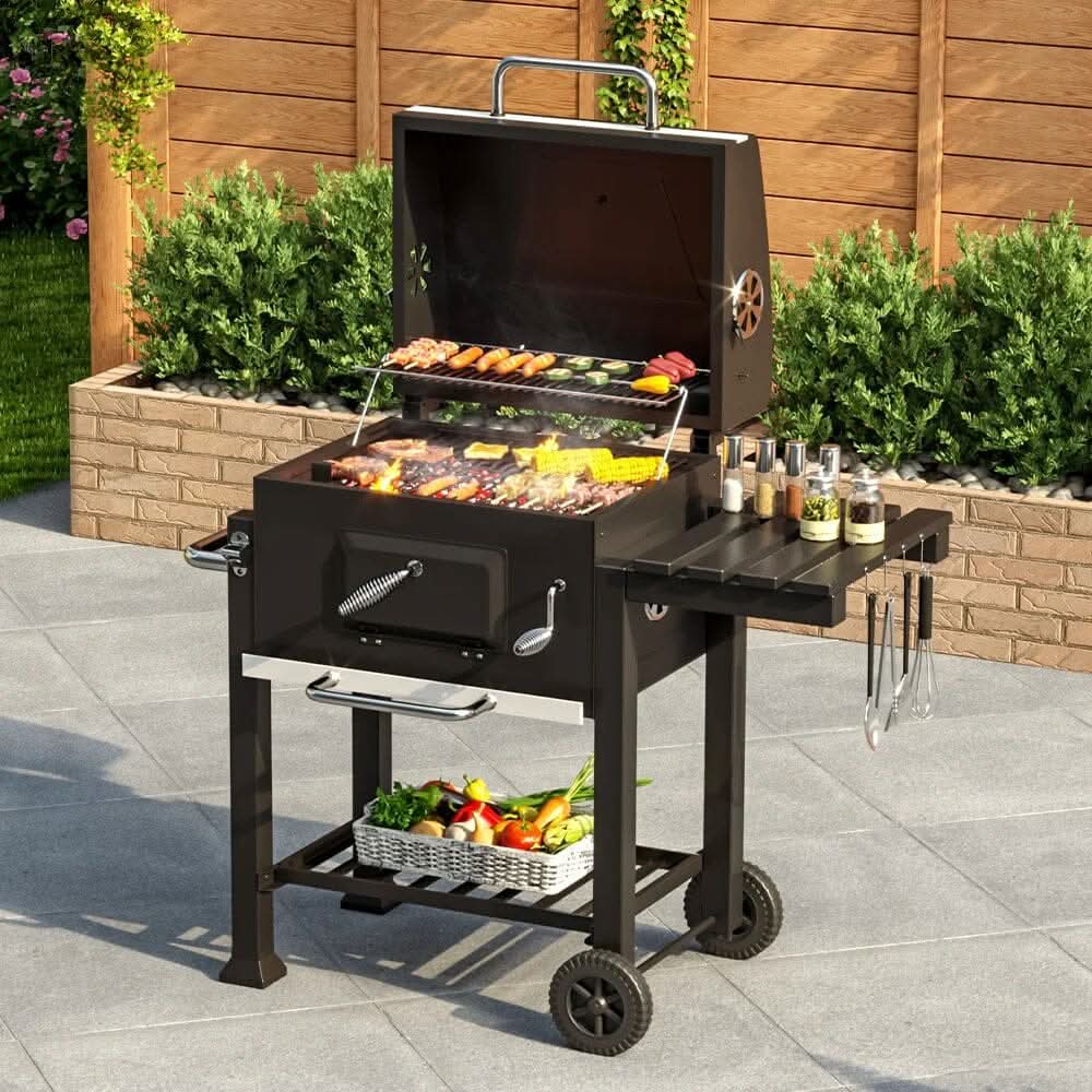 3ft Outdoor Carbon Steel BBQ Cooker BBQ Grill Side Shelves