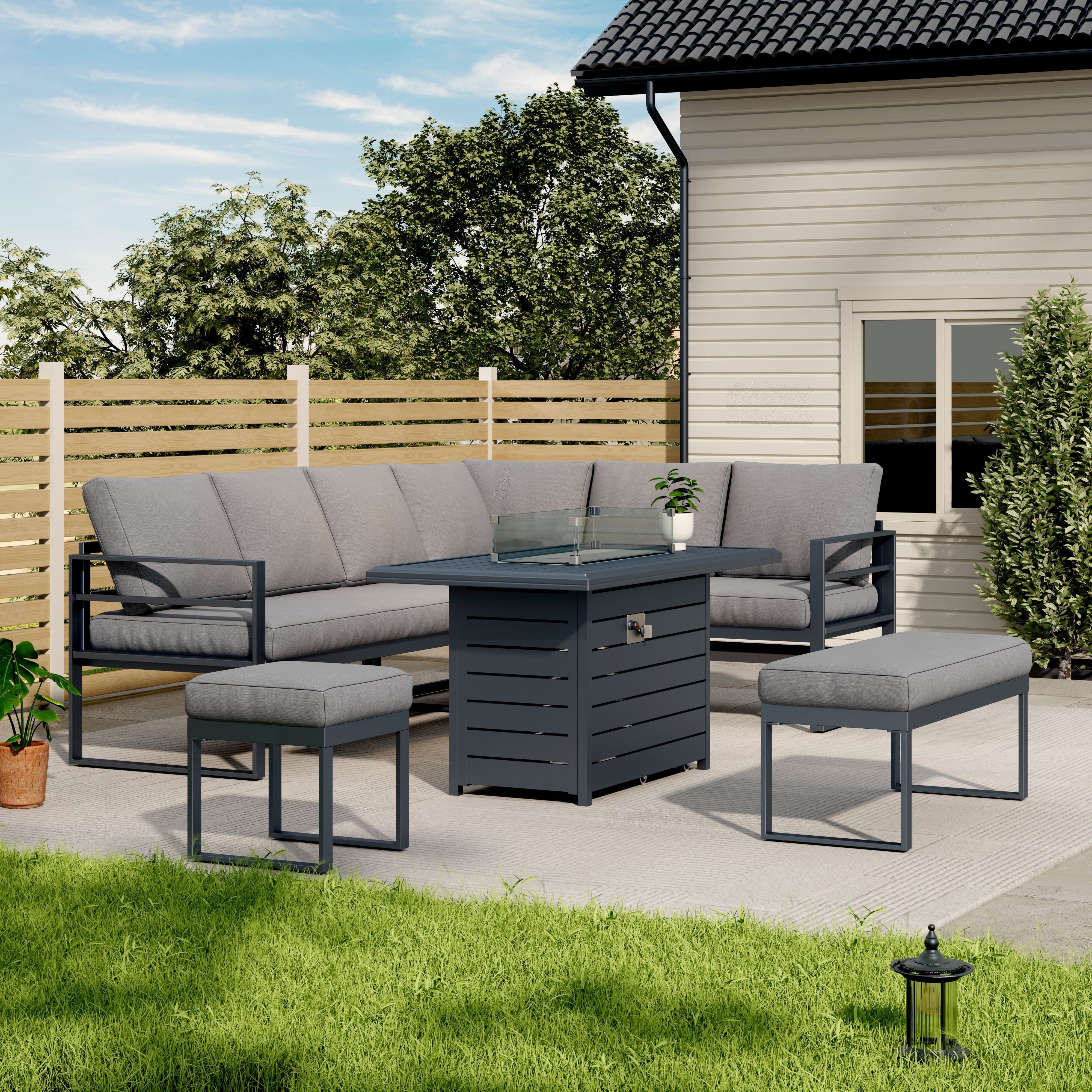 5 Piece Metal Sectional Garden Furniture Set Outdoor Corner Sofa with Cushions and Heated Table Living and Home 