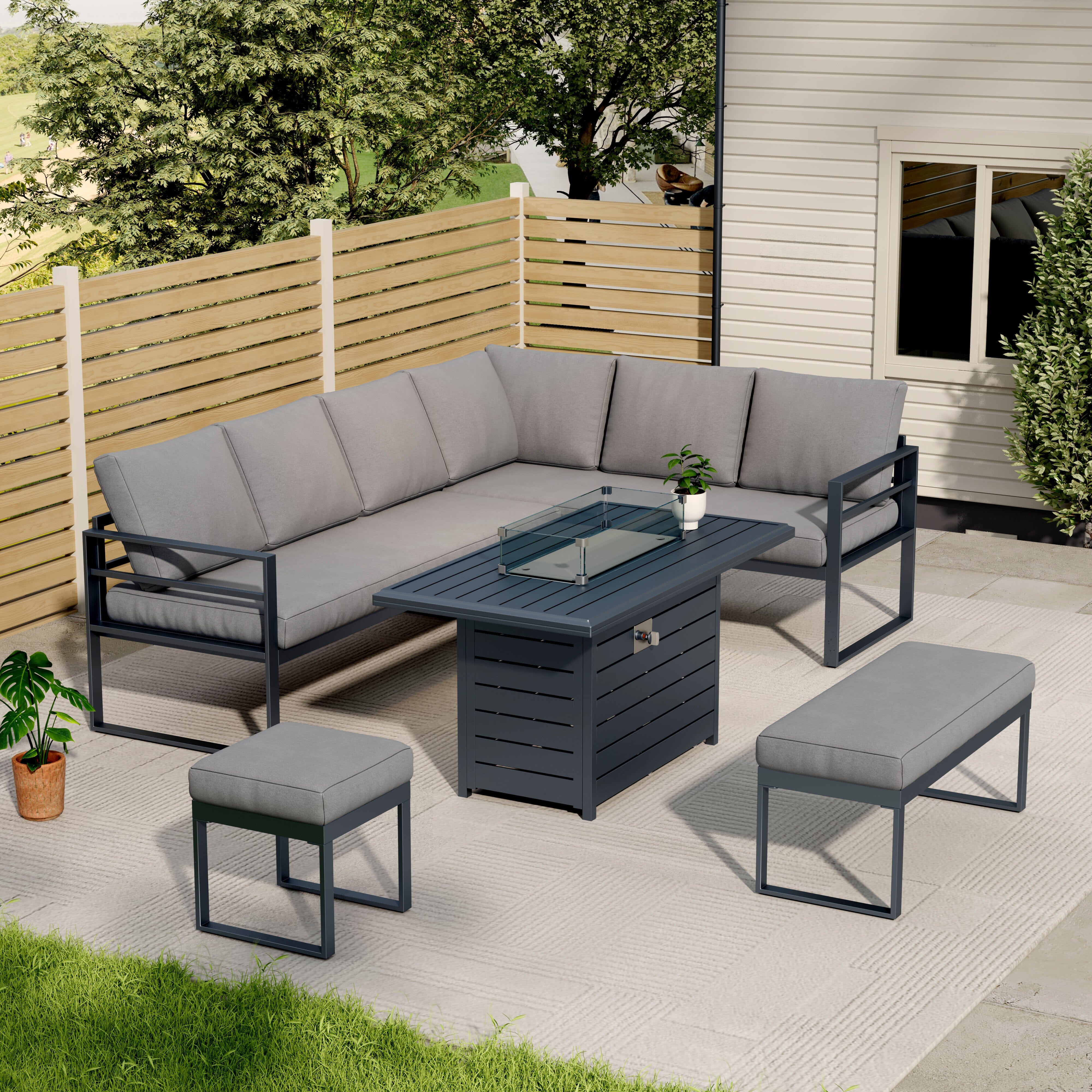 5 Piece Metal Sectional Garden Furniture Set Outdoor Corner Sofa with Cushions and Heated Table Living and Home 