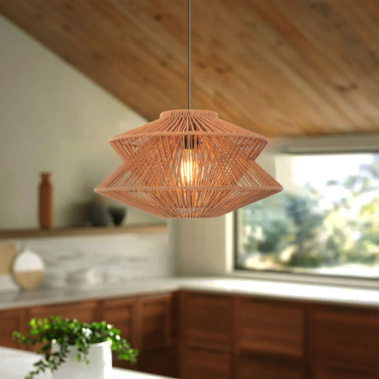 Lightsin Khaki Handwoven Paper Rope Pendant Light with Iron Frame Lightsin UK 