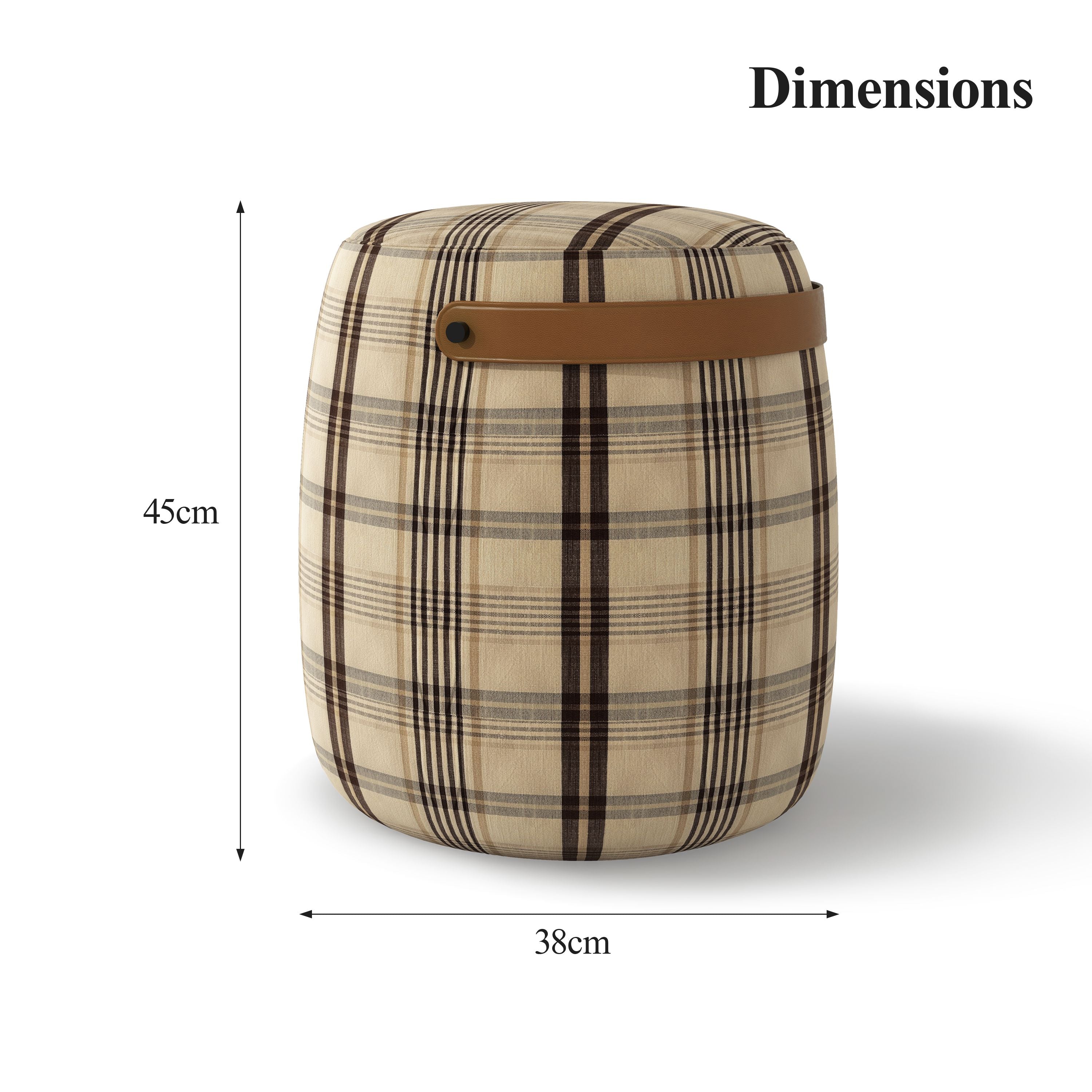 Haven British Check Round Pouffe Footstool with Leather Handle Cottonfy UK 