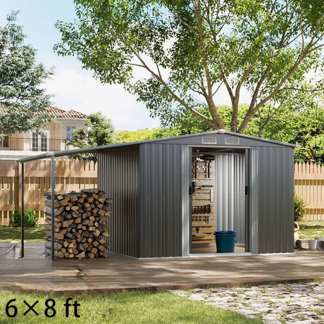 4×8 ft/ 6×8 ft Metal GardenStorage Shed with Log Storage Garden Sheds Living and Home 6×8 ft 