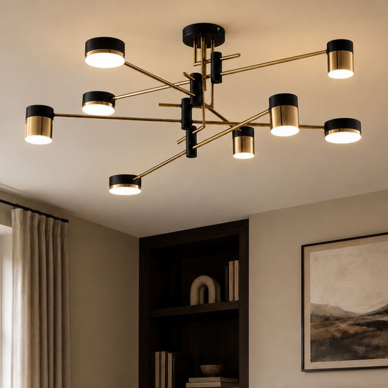 black and gold metal ceiling light in a lounge with shelves