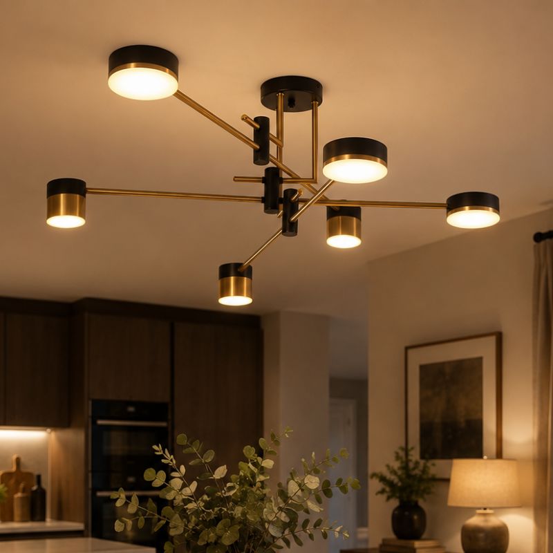black and gold metal ceiling light in a modern living room