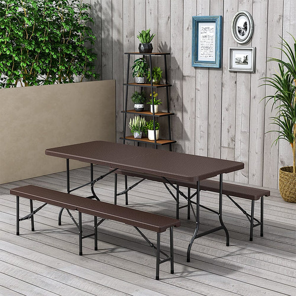 Rattan Plastic Outdoor Folding Table Bench Set Brown – Living and Home